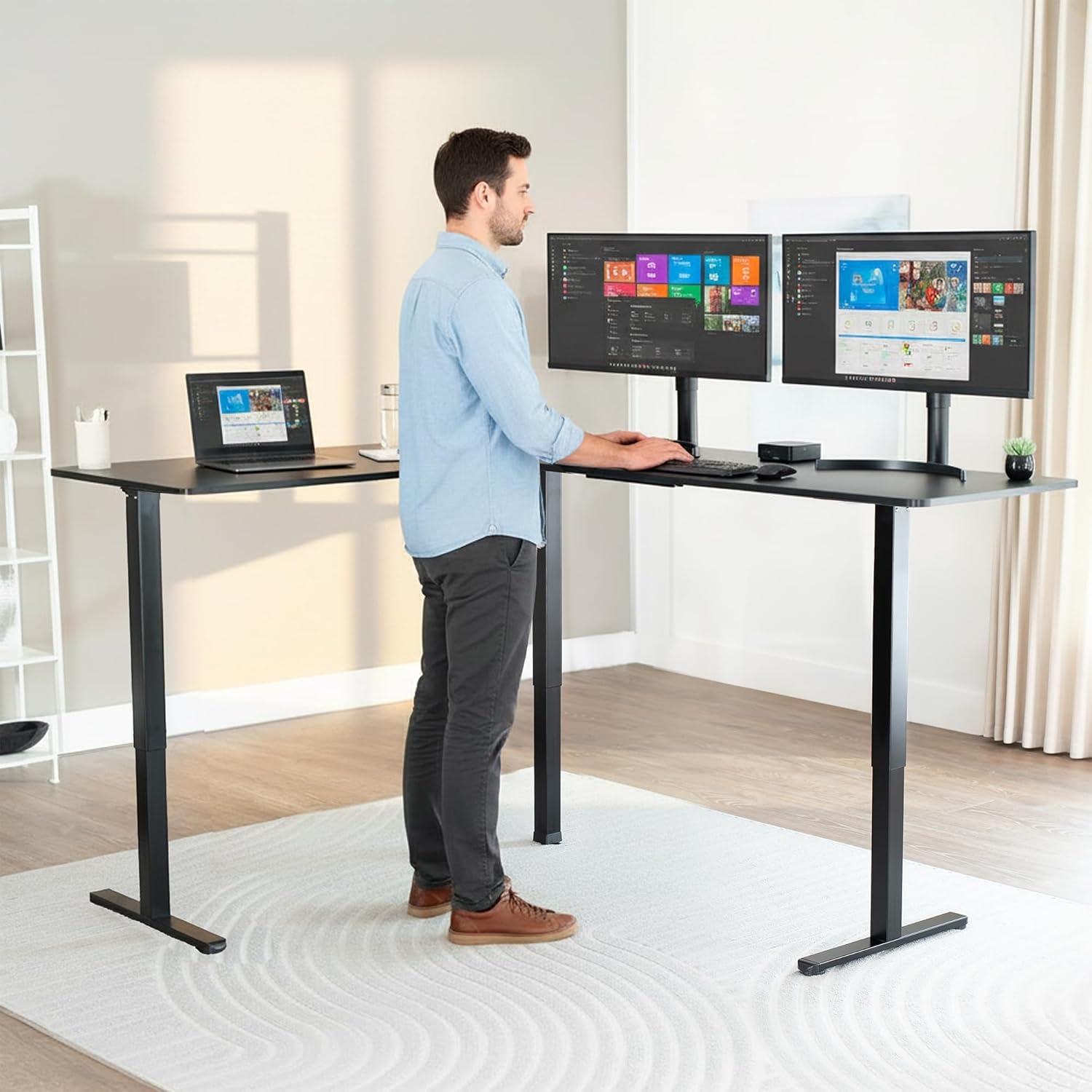image:imageVIVO Corner Standing Desk 63 x 47 inch Reversible LShaped Workstation Electric Height Adjustment Home Office and Reception Rooms Black Table Top Black Frame DESKE3CTB47Black Top Black Frame