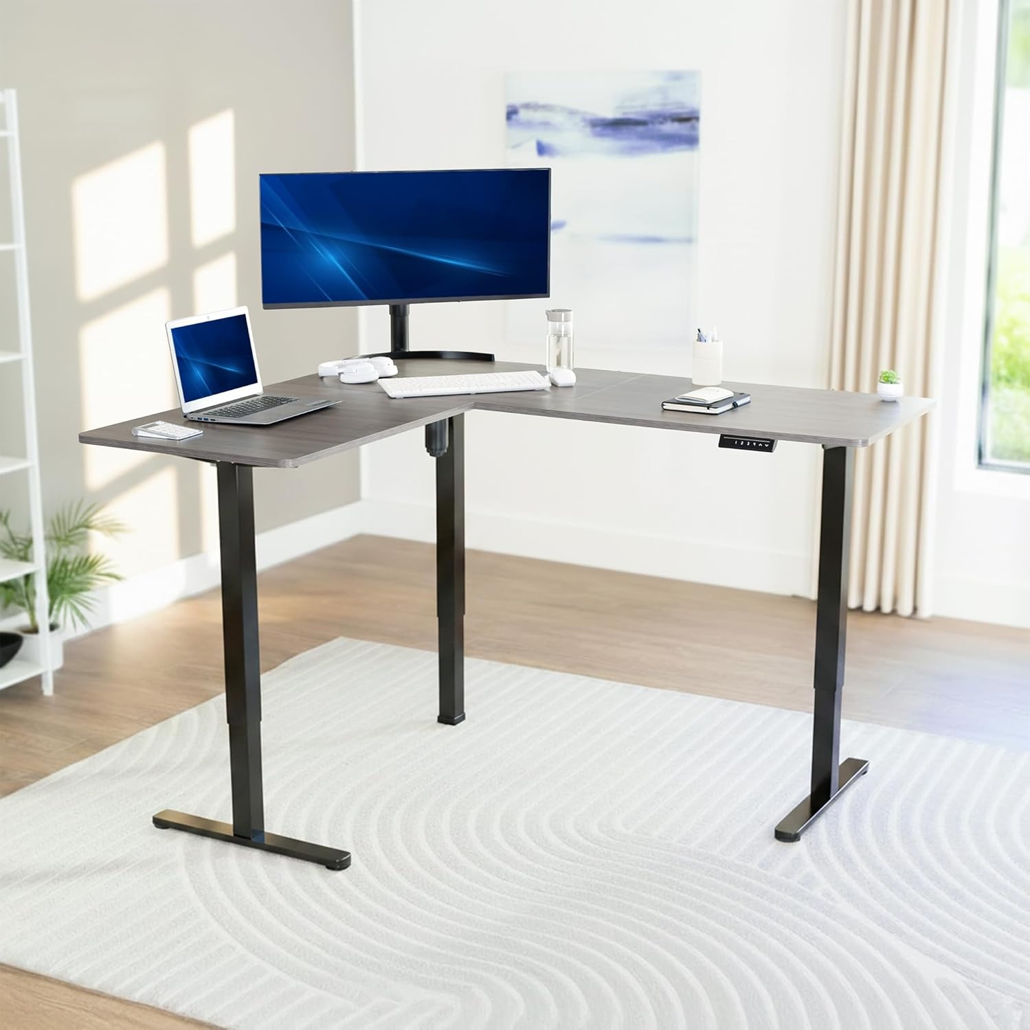 image:imageVIVO Corner Standing Desk 63 x 47 inch Reversible LShaped Workstation Electric Height Adjustment Home Office and Reception Rooms Black Table Top Black Frame DESKE3CTB47Dark Gray Top Black Frame