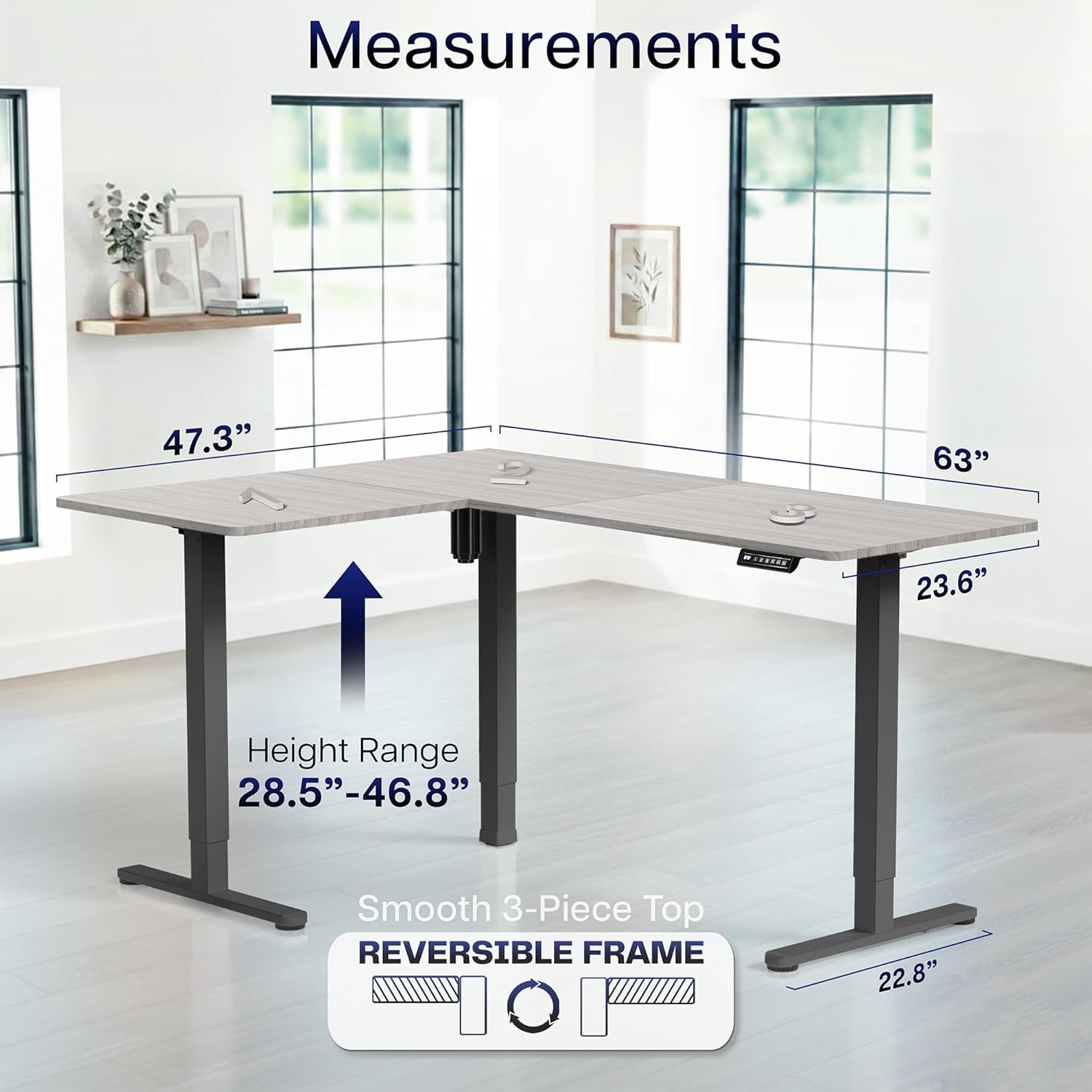 image:imageVIVO Corner Standing Desk 63 x 47 inch Reversible LShaped Workstation Electric Height Adjustment Home Office and Reception Rooms Black Table Top Black Frame DESKE3CTB47Gray Top Black Frame