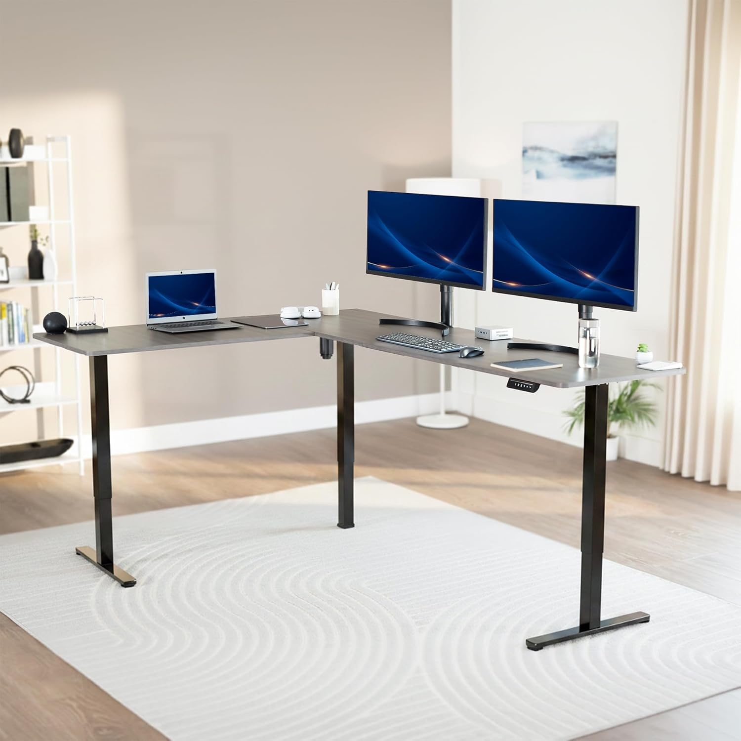 image:imageVIVO Corner Standing Desk 63 x 47 inch Reversible LShaped Workstation Electric Height Adjustment Home Office and Reception Rooms Black Table Top Black Frame DESKE3CTB47Dark Gray Top Black Frame