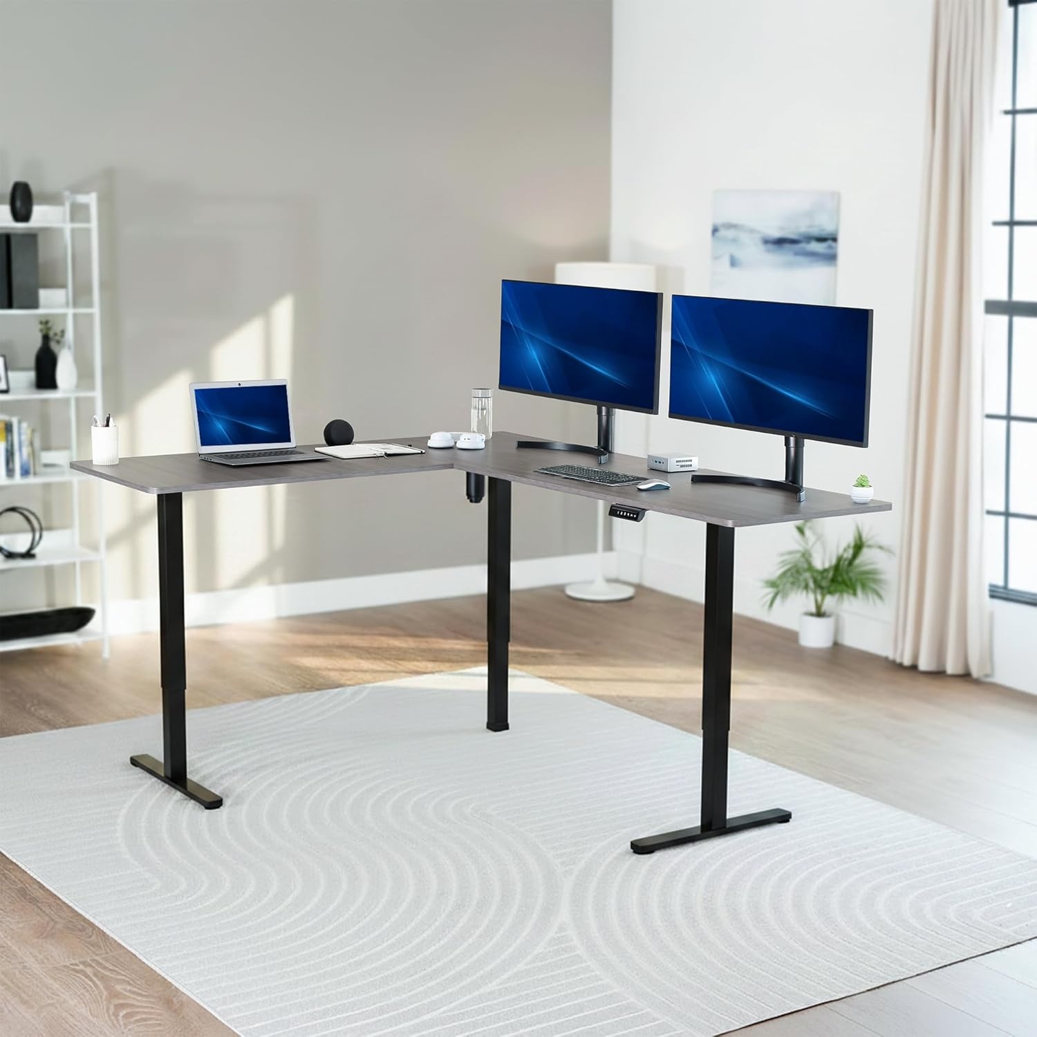 image:imageVIVO Corner Standing Desk 63 x 47 inch Reversible LShaped Workstation Electric Height Adjustment Home Office and Reception Rooms Black Table Top Black Frame DESKE3CTB47Dark Gray Top Black Frame