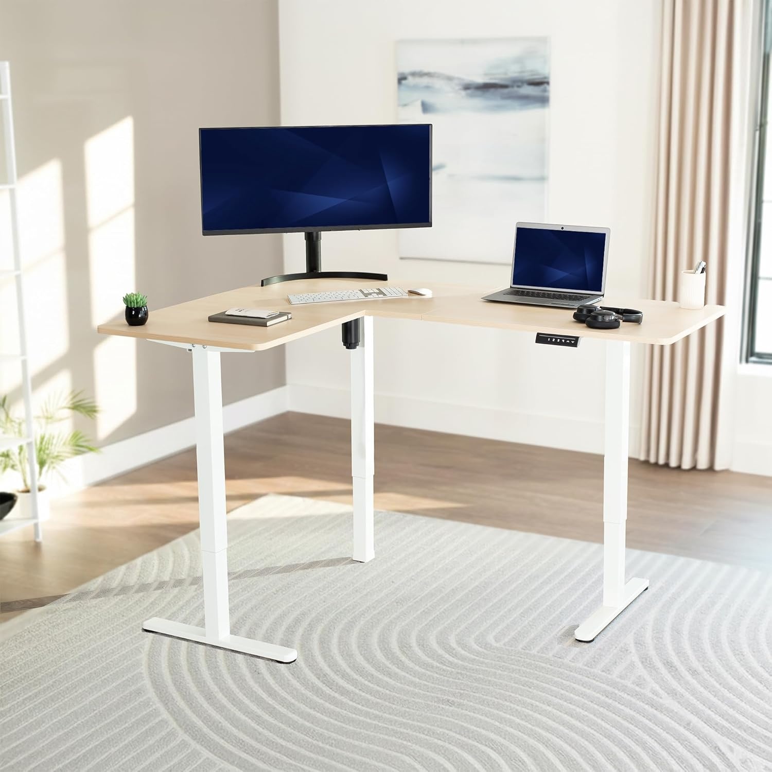 image:imageVIVO Corner Standing Desk 63 x 47 inch Reversible LShaped Workstation Electric Height Adjustment Home Office and Reception Rooms Black Table Top Black Frame DESKE3CTB47Light Wood Top White Frame
