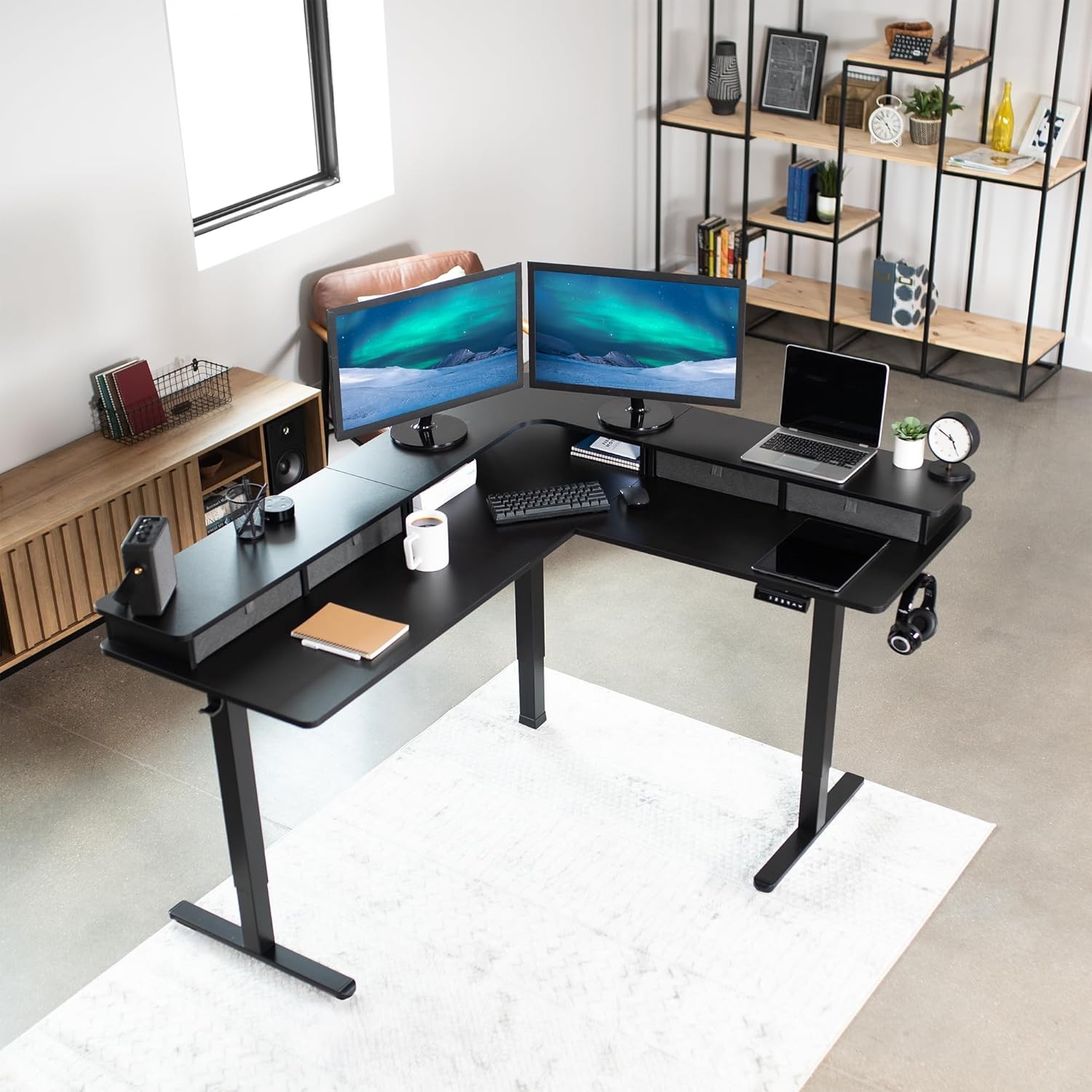 image:imageVIVO Corner Standing Desk 63 x 47 inch Reversible LShaped Workstation Electric Height Adjustment Home Office and Reception Rooms Black Table Top Black Frame DESKE3CTB47Black Top Black Frame