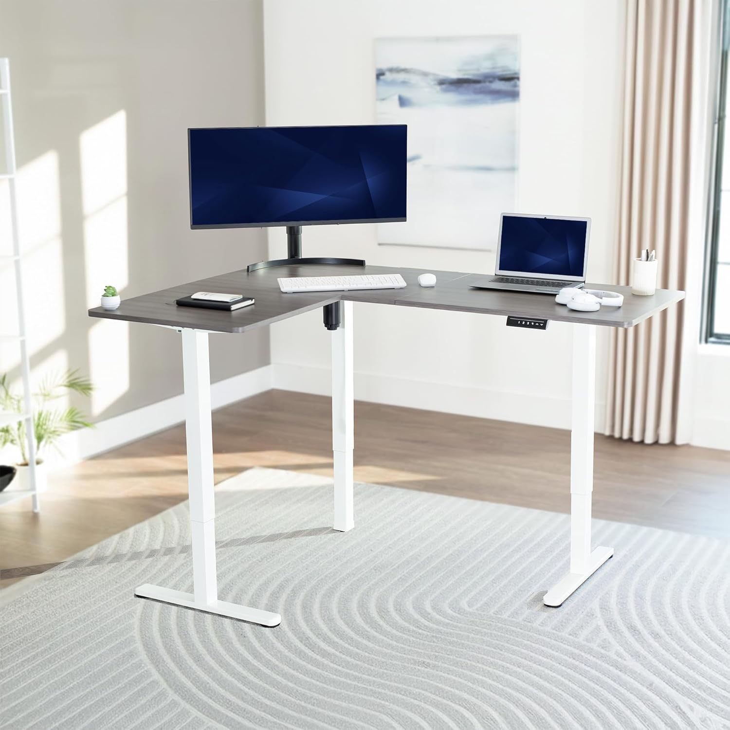 image:imageVIVO Corner Standing Desk 63 x 47 inch Reversible LShaped Workstation Electric Height Adjustment Home Office and Reception Rooms Black Table Top Black Frame DESKE3CTB47Dark Gray Top White Frame