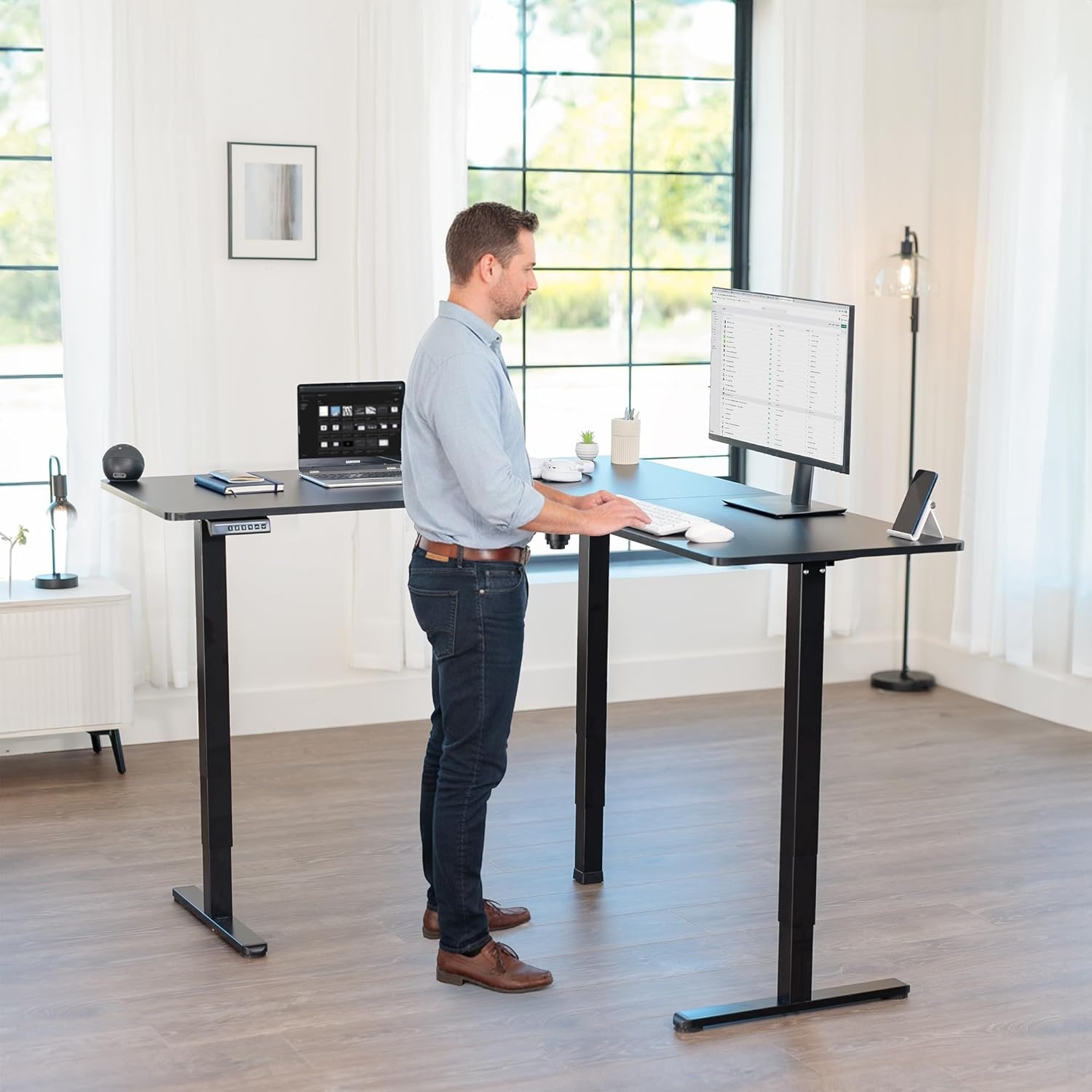 image:imageVIVO Corner Standing Desk 63 x 47 inch Reversible LShaped Workstation Electric Height Adjustment Home Office and Reception Rooms Black Table Top Black Frame DESKE3CTB47Black Top Black Frame