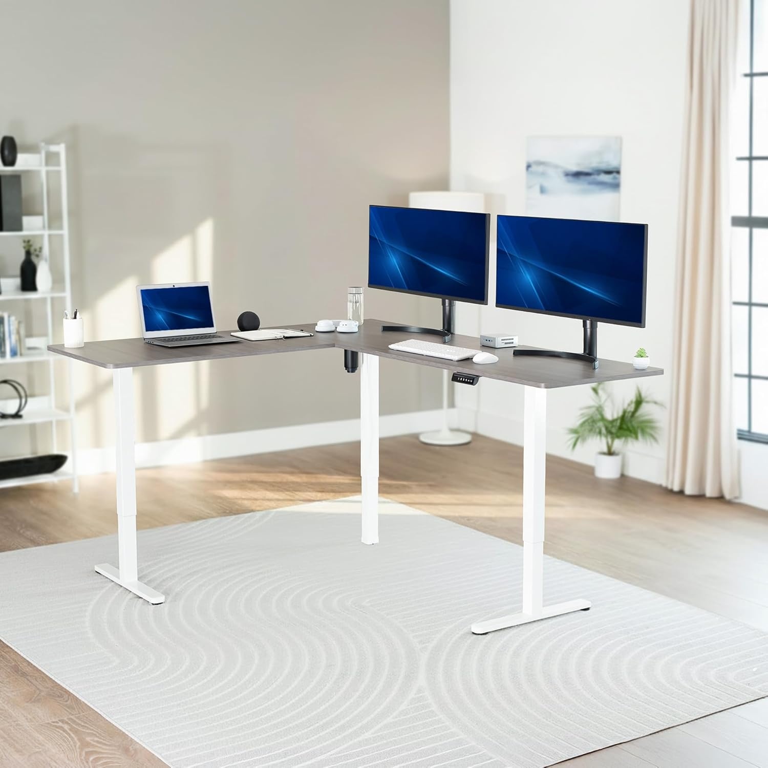 image:imageVIVO Corner Standing Desk 63 x 47 inch Reversible LShaped Workstation Electric Height Adjustment Home Office and Reception Rooms Black Table Top Black Frame DESKE3CTB47Dark Gray Top White Frame