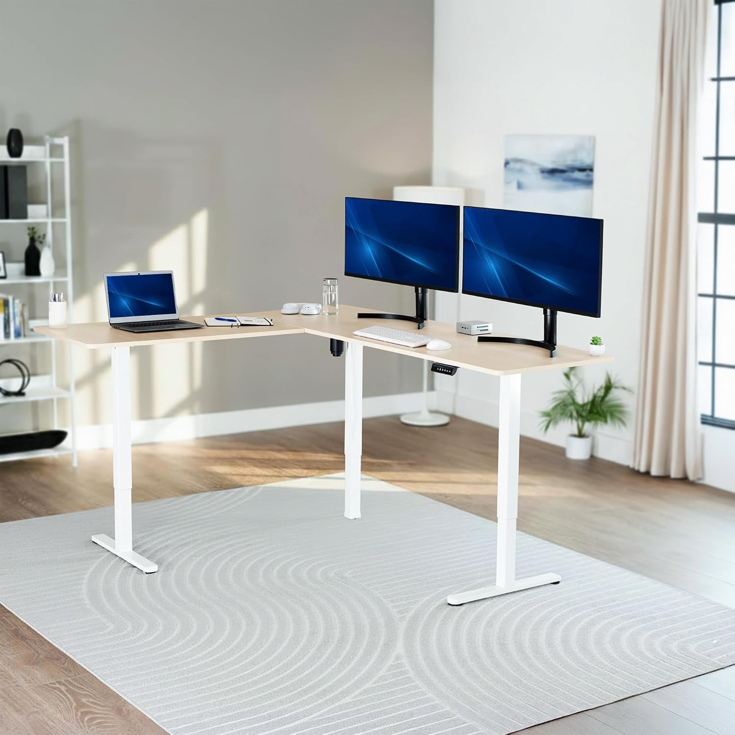 image:imageVIVO Corner Standing Desk 63 x 47 inch Reversible LShaped Workstation Electric Height Adjustment Home Office and Reception Rooms Black Table Top Black Frame DESKE3CTB47Light Wood Top White Frame