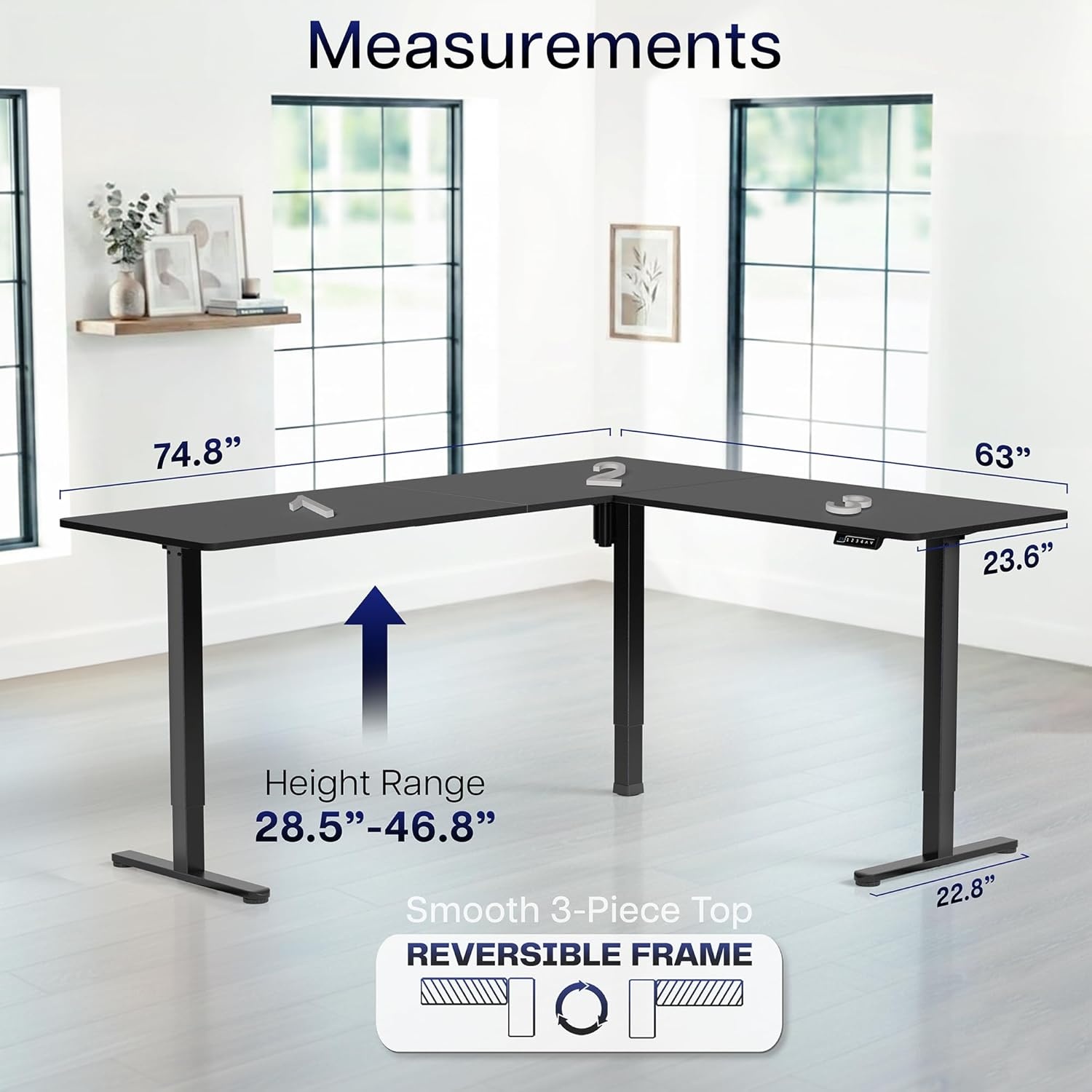 image:imageVIVO Corner Standing Desk 63 x 47 inch Reversible LShaped Workstation Electric Height Adjustment Home Office and Reception Rooms Black Table Top Black Frame DESKE3CTB47Black Top Black Frame