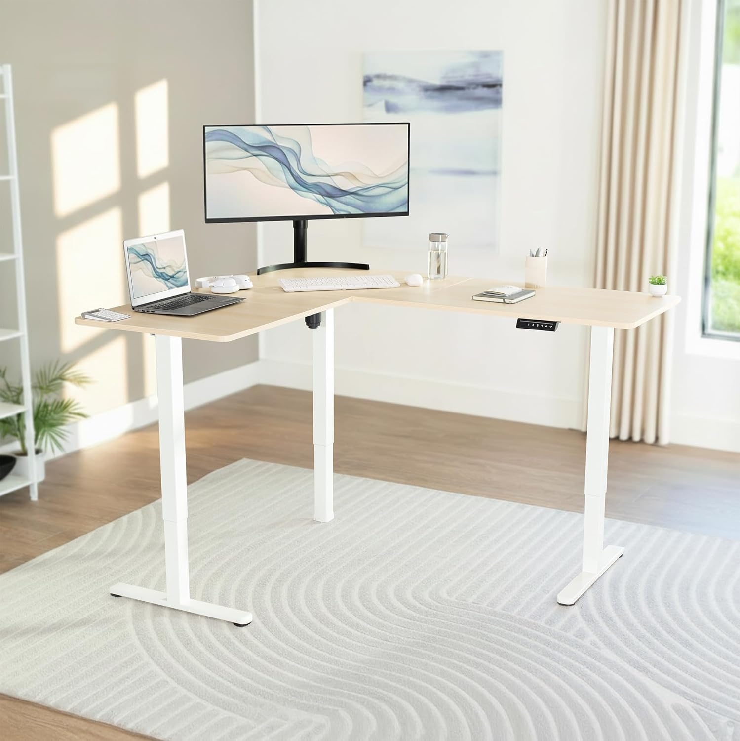 image:imageVIVO Corner Standing Desk 63 x 47 inch Reversible LShaped Workstation Electric Height Adjustment Home Office and Reception Rooms Black Table Top Black Frame DESKE3CTB47Light Wood Top White Frame