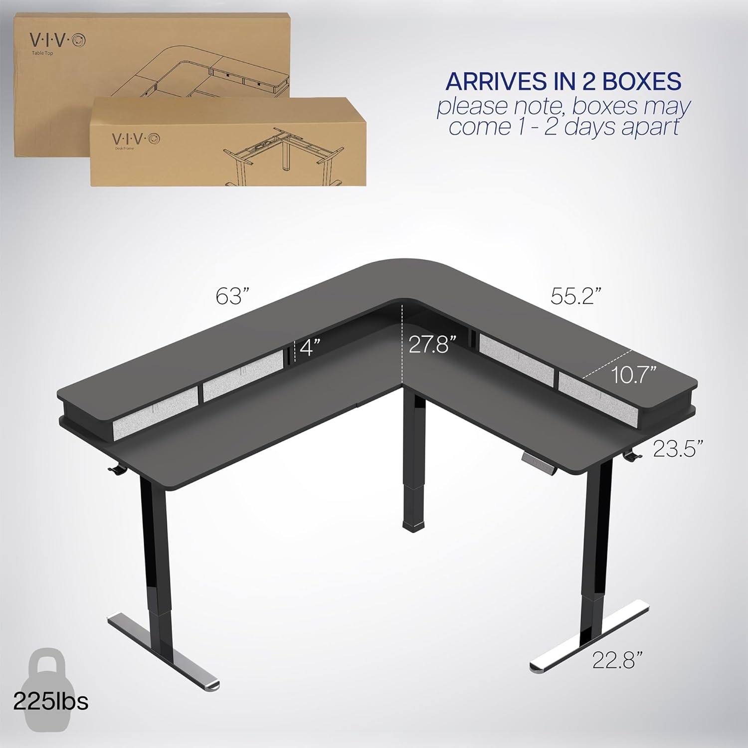 image:imageVIVO Corner Standing Desk 63 x 47 inch Reversible LShaped Workstation Electric Height Adjustment Home Office and Reception Rooms Black Table Top Black Frame DESKE3CTB47Black Top Black Frame