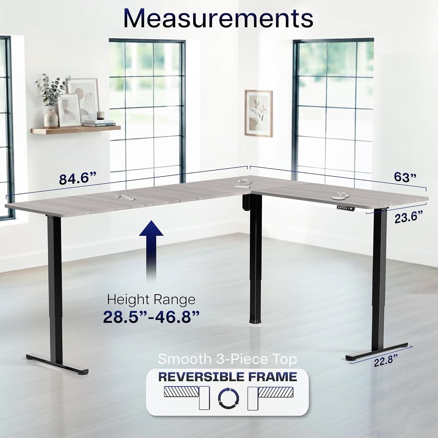 image:imageVIVO Corner Standing Desk 63 x 47 inch Reversible LShaped Workstation Electric Height Adjustment Home Office and Reception Rooms Black Table Top Black Frame DESKE3CTB47Dark Gray Top Black Frame