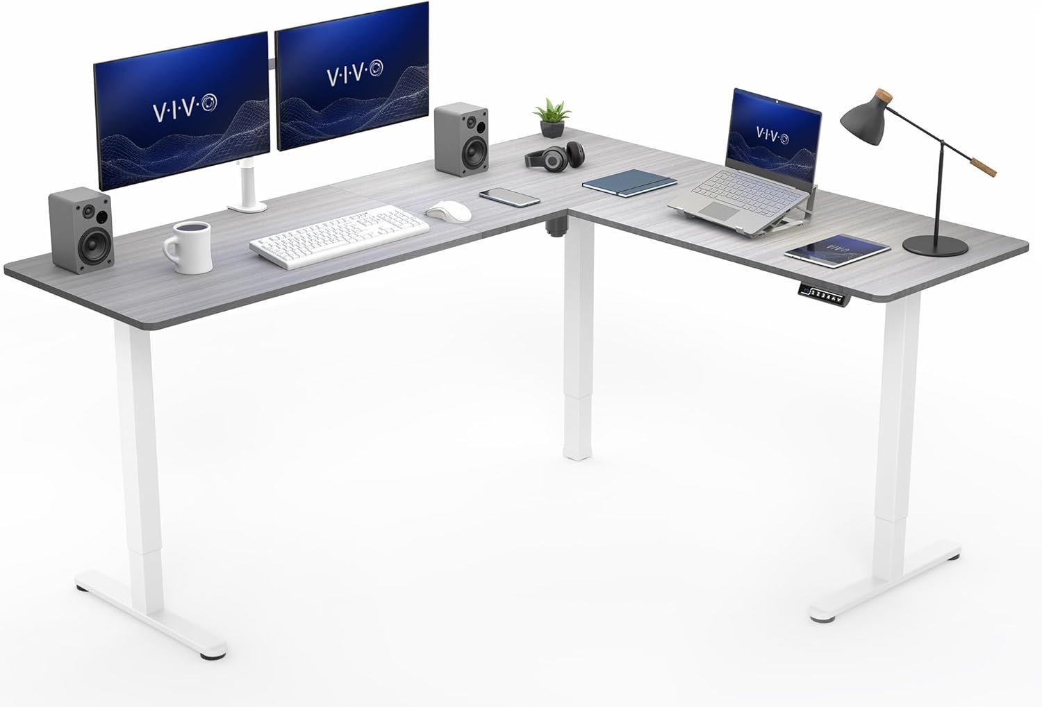image:imageVIVO Corner Standing Desk 63 x 47 inch Reversible LShaped Workstation Electric Height Adjustment Home Office and Reception Rooms Black Table Top Black Frame DESKE3CTB47Dark Gray Top White Frame