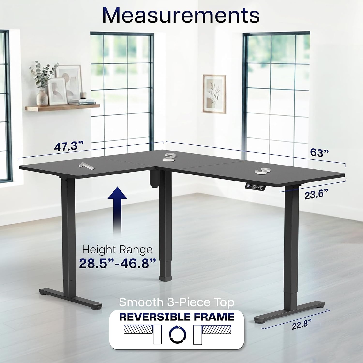 image:imageVIVO Corner Standing Desk 63 x 47 inch Reversible LShaped Workstation Electric Height Adjustment Home Office and Reception Rooms Black Table Top Black Frame DESKE3CTB47Black Top Black Frame
