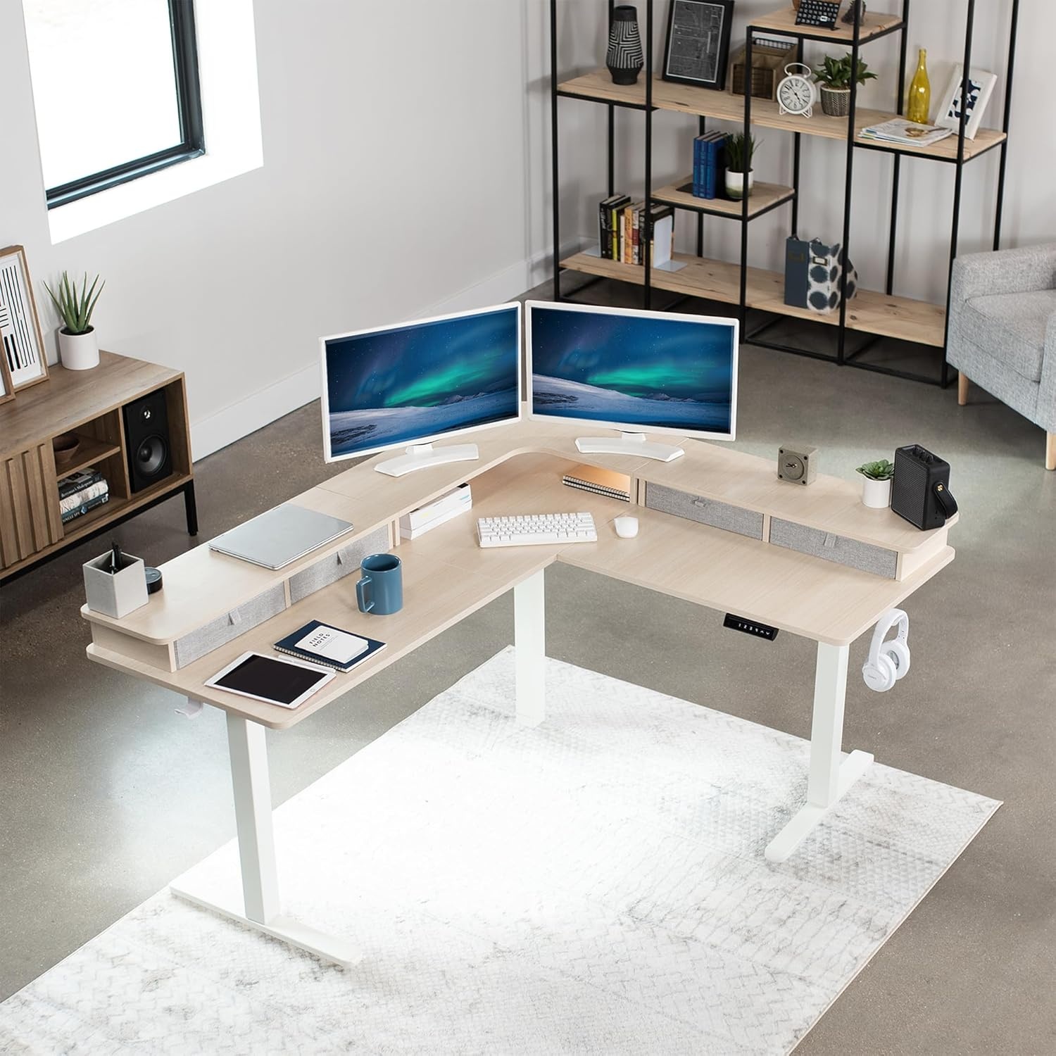 image:imageVIVO Corner Standing Desk 63 x 47 inch Reversible LShaped Workstation Electric Height Adjustment Home Office and Reception Rooms Black Table Top Black Frame DESKE3CTB47Light Wood Top White Frame