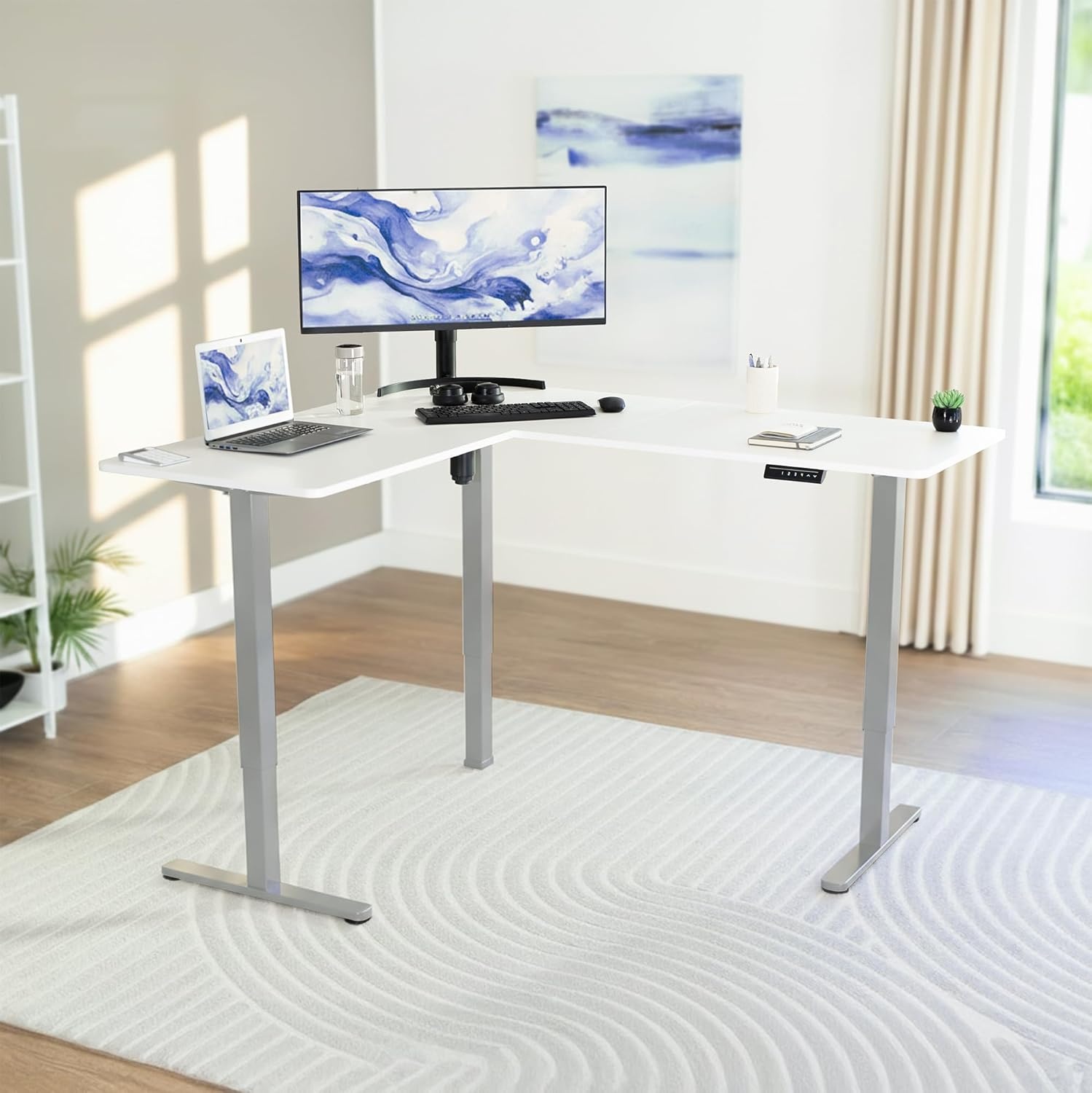 image:imageVIVO Corner Standing Desk 63 x 47 inch Reversible LShaped Workstation Electric Height Adjustment Home Office and Reception Rooms Black Table Top Black Frame DESKE3CTB47White Top Gray Frame