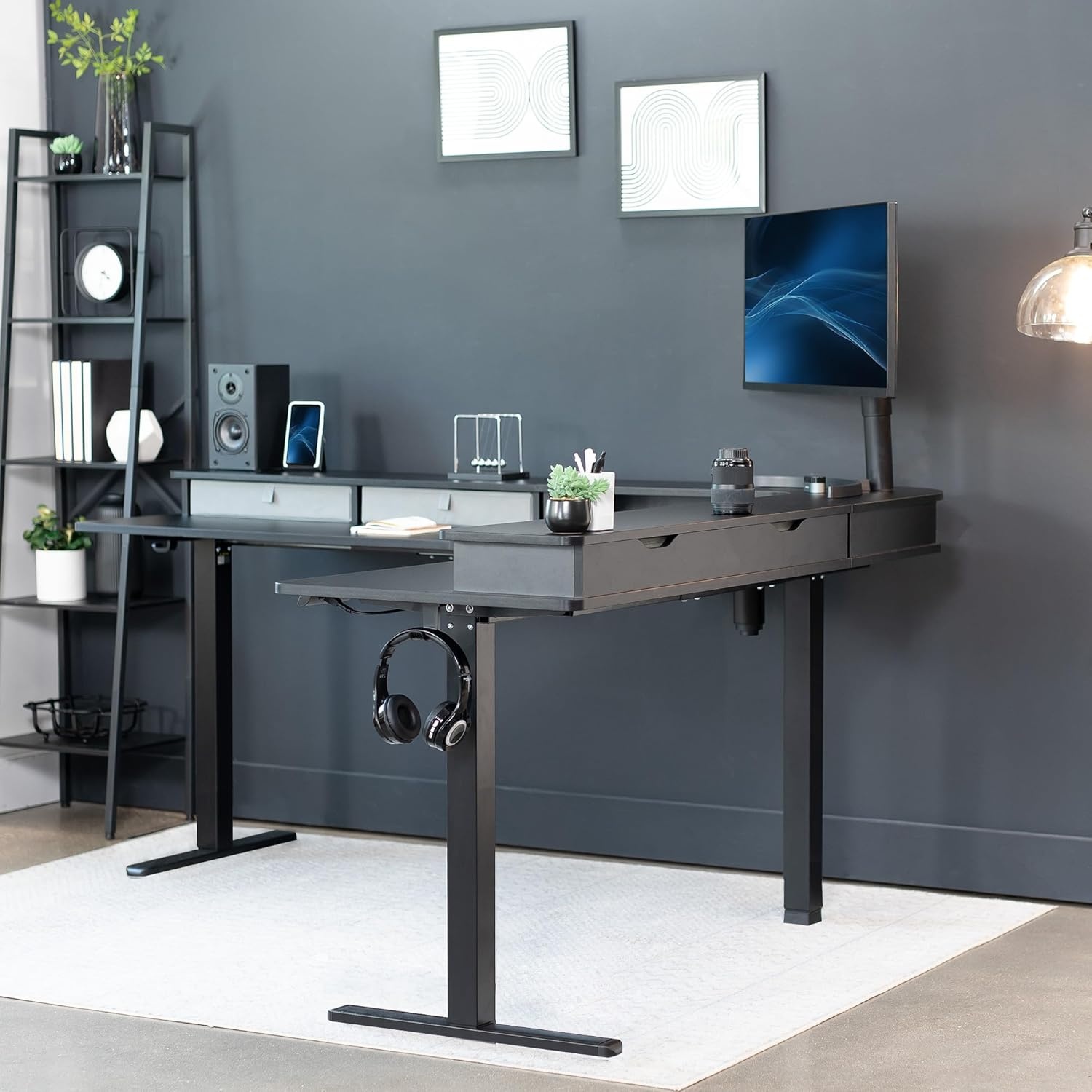 image:imageVIVO Corner Standing Desk 63 x 47 inch Reversible LShaped Workstation Electric Height Adjustment Home Office and Reception Rooms Black Table Top Black Frame DESKE3CTB47Black Top Black Frame