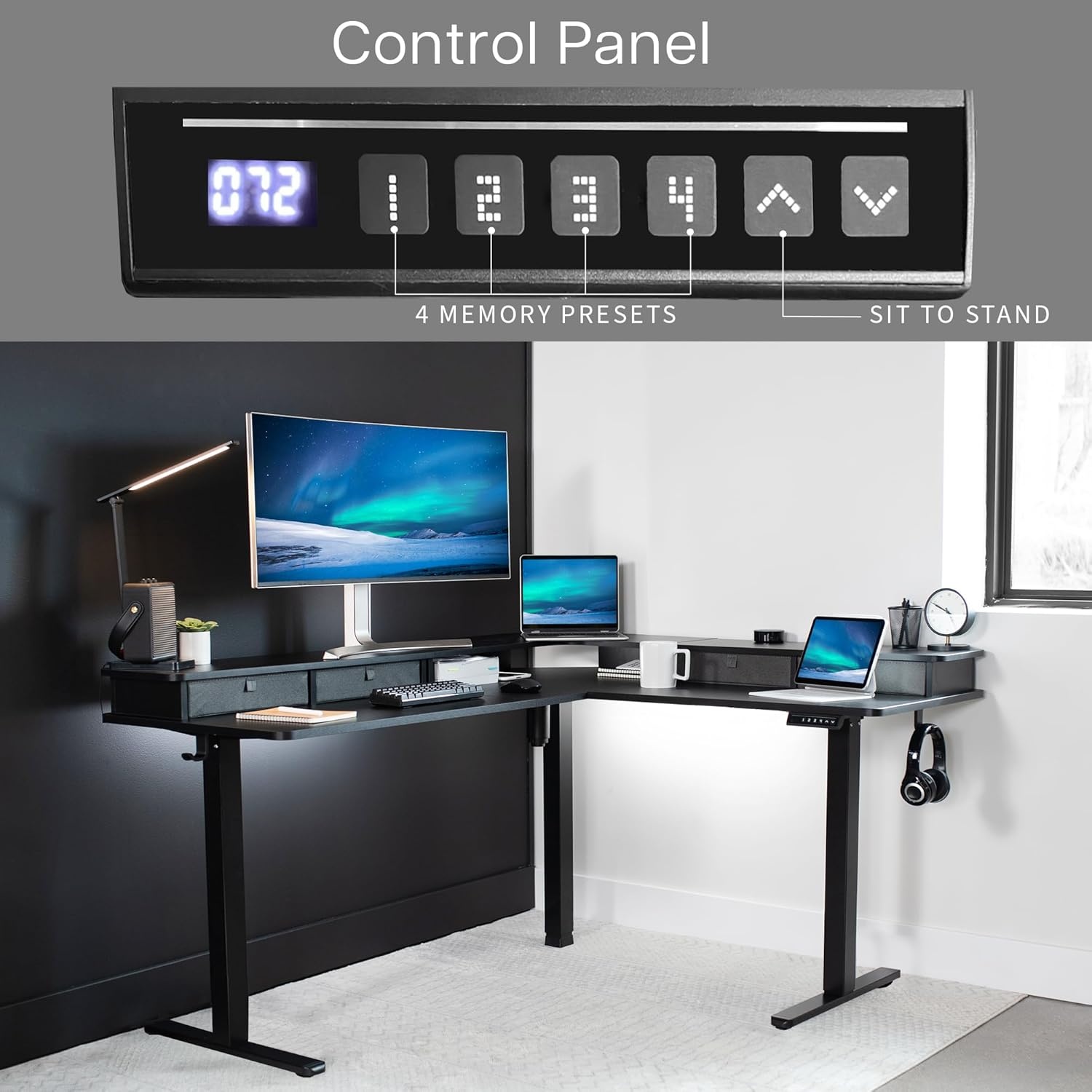 image:imageVIVO Corner Standing Desk 63 x 47 inch Reversible LShaped Workstation Electric Height Adjustment Home Office and Reception Rooms Black Table Top Black Frame DESKE3CTB47Black Top Black Frame