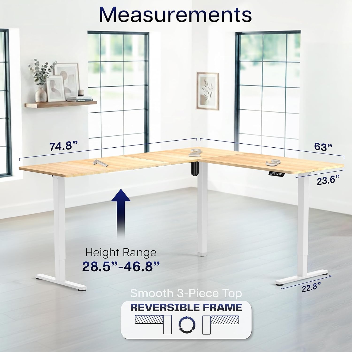 image:imageVIVO Corner Standing Desk 63 x 47 inch Reversible LShaped Workstation Electric Height Adjustment Home Office and Reception Rooms Black Table Top Black Frame DESKE3CTB47Light Wood Top White Frame