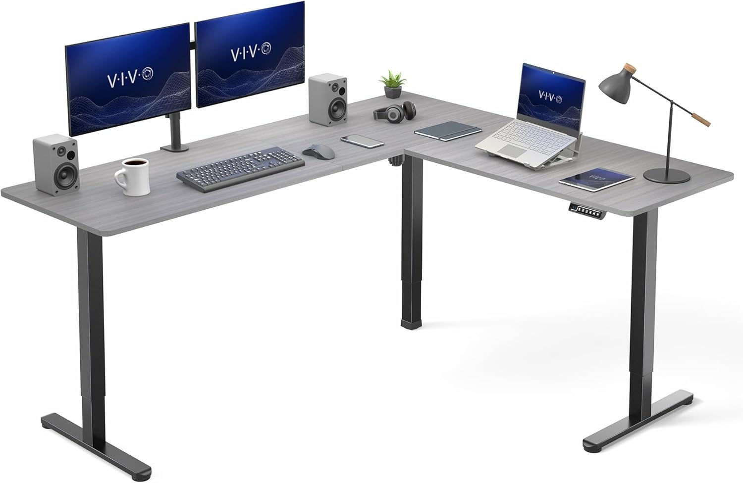 image:imageVIVO Corner Standing Desk 63 x 47 inch Reversible LShaped Workstation Electric Height Adjustment Home Office and Reception Rooms Black Table Top Black Frame DESKE3CTB47Dark Gray Top Black Frame