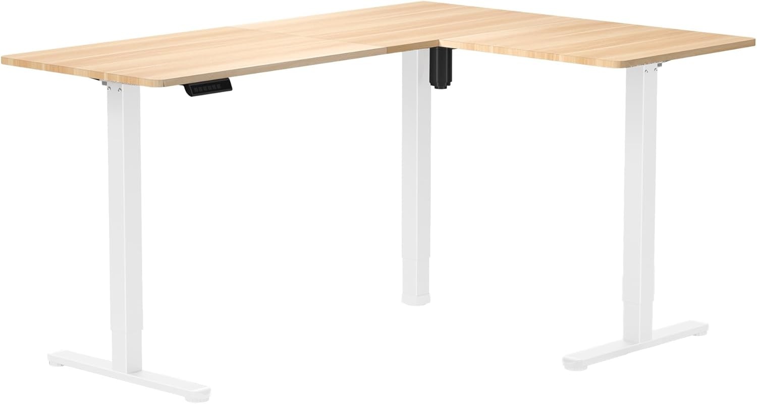 image:imageVIVO Corner Standing Desk 63 x 47 inch Reversible LShaped Workstation Electric Height Adjustment Home Office and Reception Rooms Black Table Top Black Frame DESKE3CTB47Light Wood Top White Frame