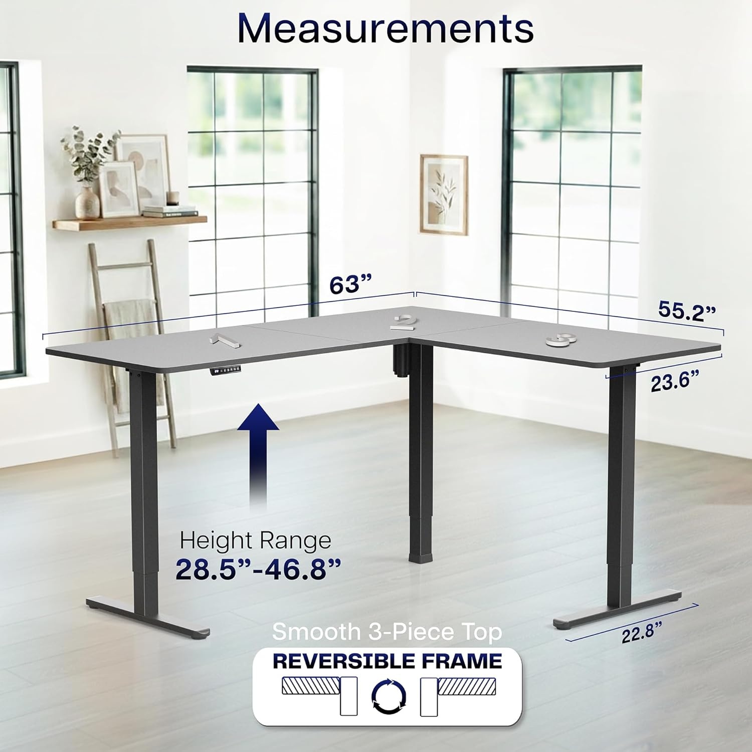 image:imageVIVO Corner Standing Desk 63 x 47 inch Reversible LShaped Workstation Electric Height Adjustment Home Office and Reception Rooms Black Table Top Black Frame DESKE3CTB47Black Top Black Frame
