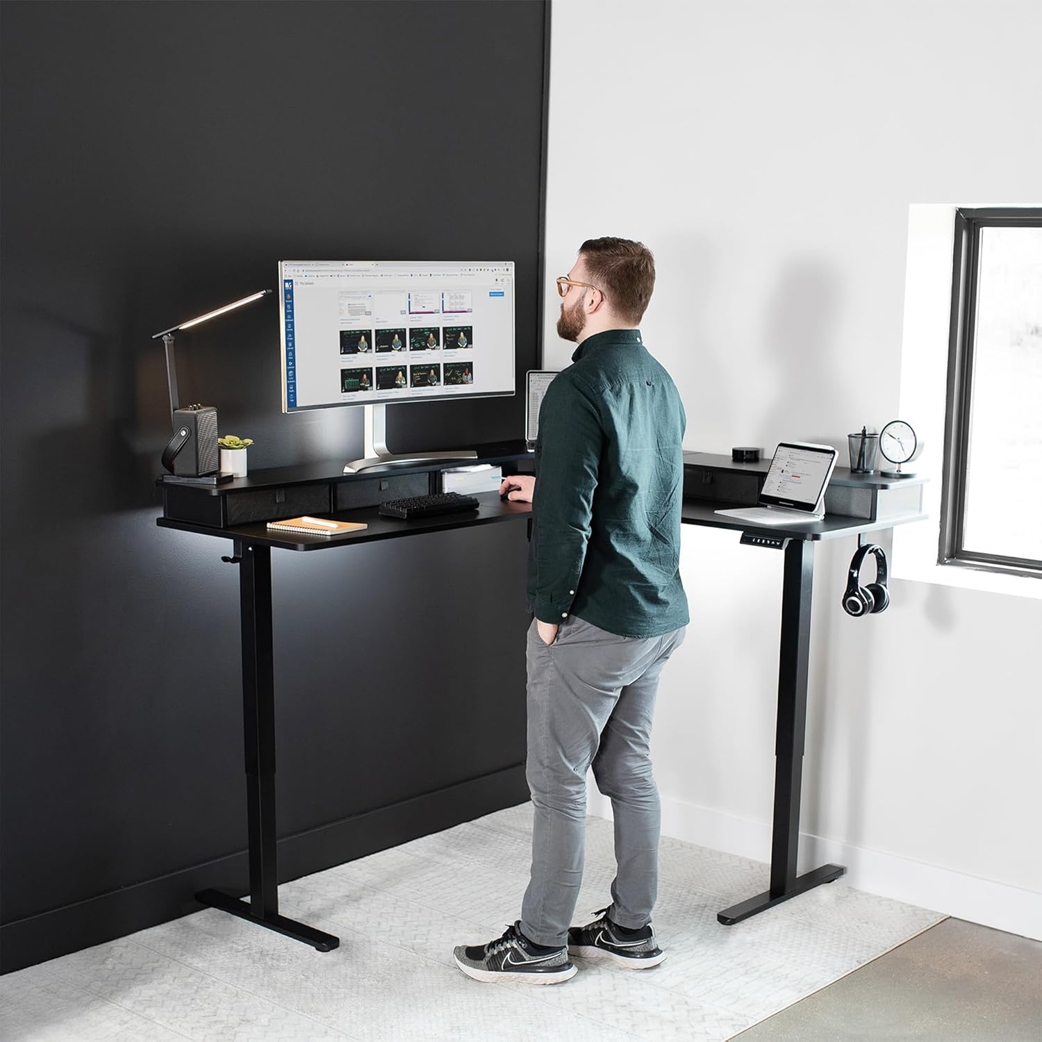 image:imageVIVO Corner Standing Desk 63 x 47 inch Reversible LShaped Workstation Electric Height Adjustment Home Office and Reception Rooms Black Table Top Black Frame DESKE3CTB47Black Top Black Frame