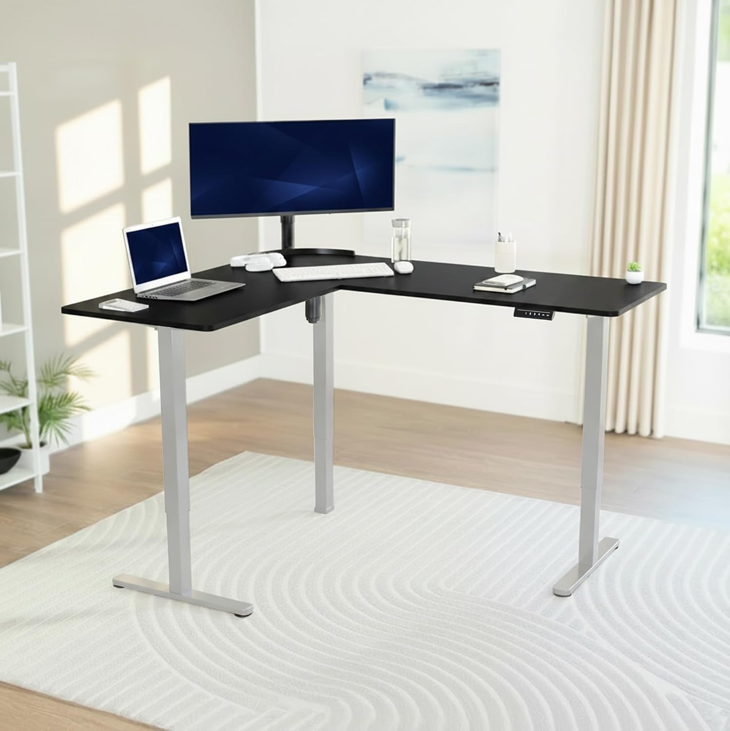 image:imageVIVO Corner Standing Desk 63 x 47 inch Reversible LShaped Workstation Electric Height Adjustment Home Office and Reception Rooms Black Table Top Black Frame DESKE3CTB47Black Top Gray Frame