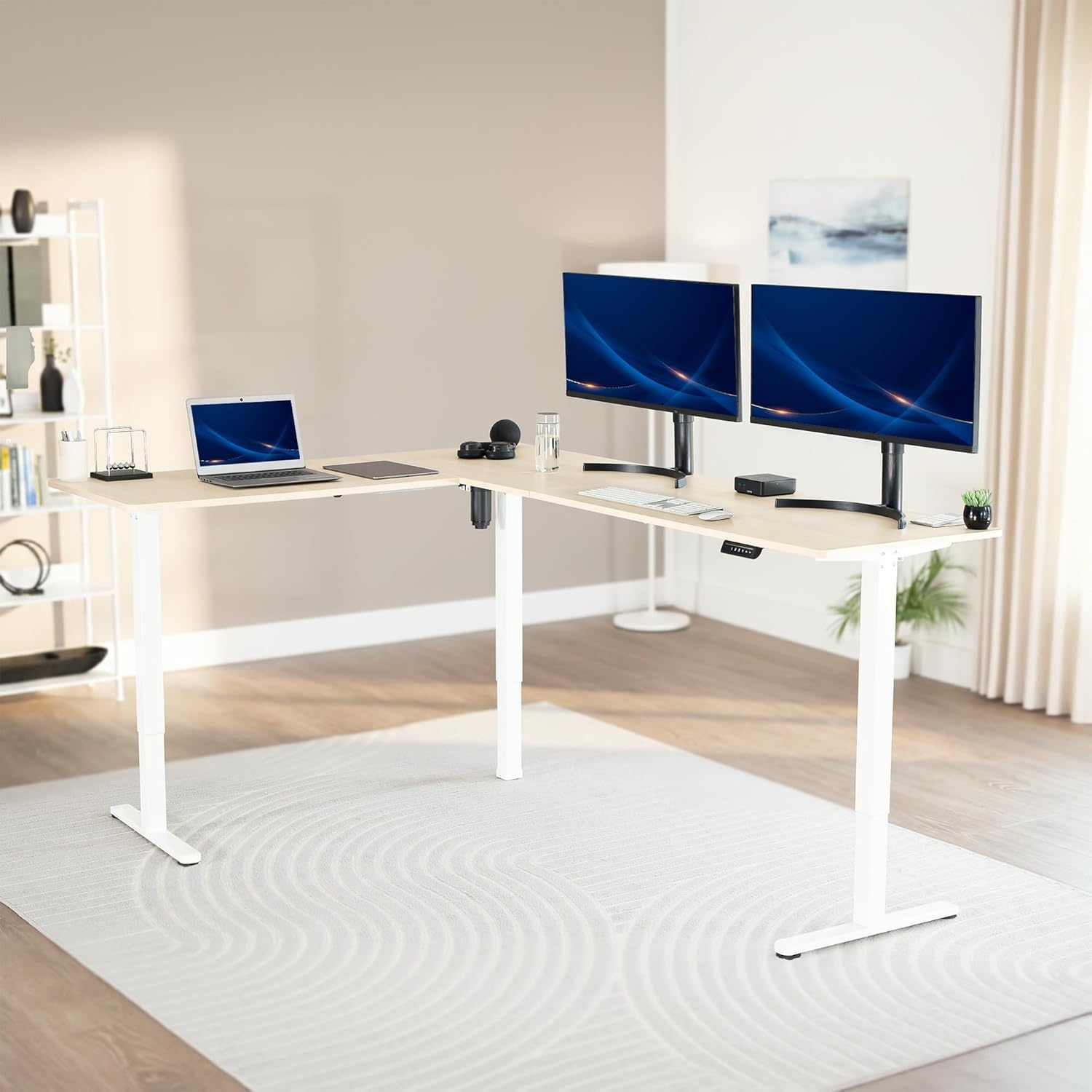image:imageVIVO Corner Standing Desk 63 x 47 inch Reversible LShaped Workstation Electric Height Adjustment Home Office and Reception Rooms Black Table Top Black Frame DESKE3CTB47Light Wood Top White Frame