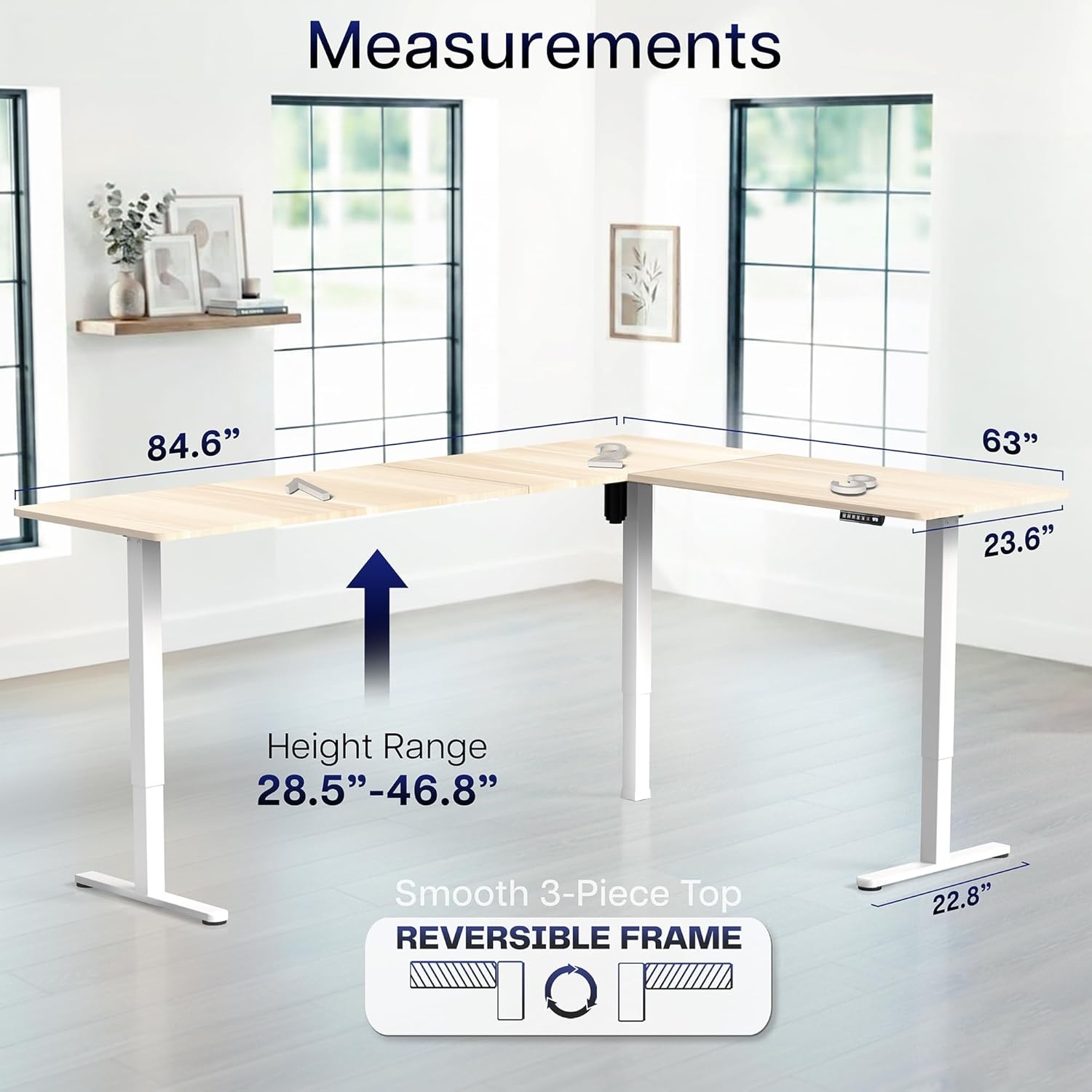 image:imageVIVO Corner Standing Desk 63 x 47 inch Reversible LShaped Workstation Electric Height Adjustment Home Office and Reception Rooms Black Table Top Black Frame DESKE3CTB47Light Wood Top White Frame