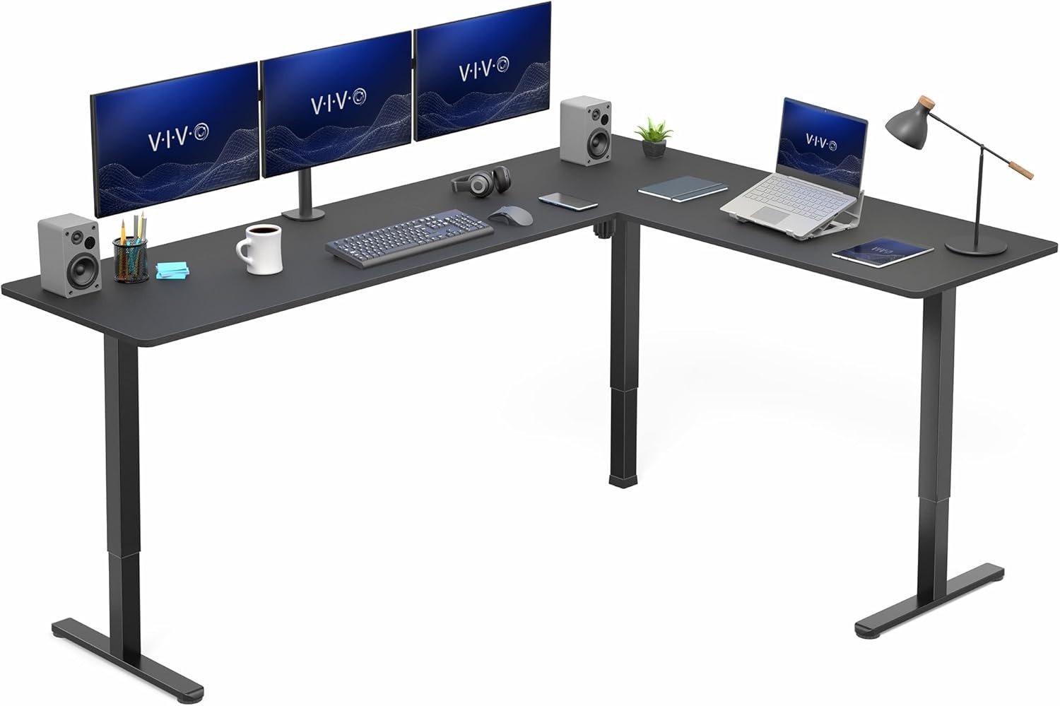image:imageVIVO Corner Standing Desk 63 x 47 inch Reversible LShaped Workstation Electric Height Adjustment Home Office and Reception Rooms Black Table Top Black Frame DESKE3CTB47Black Top Black Frame