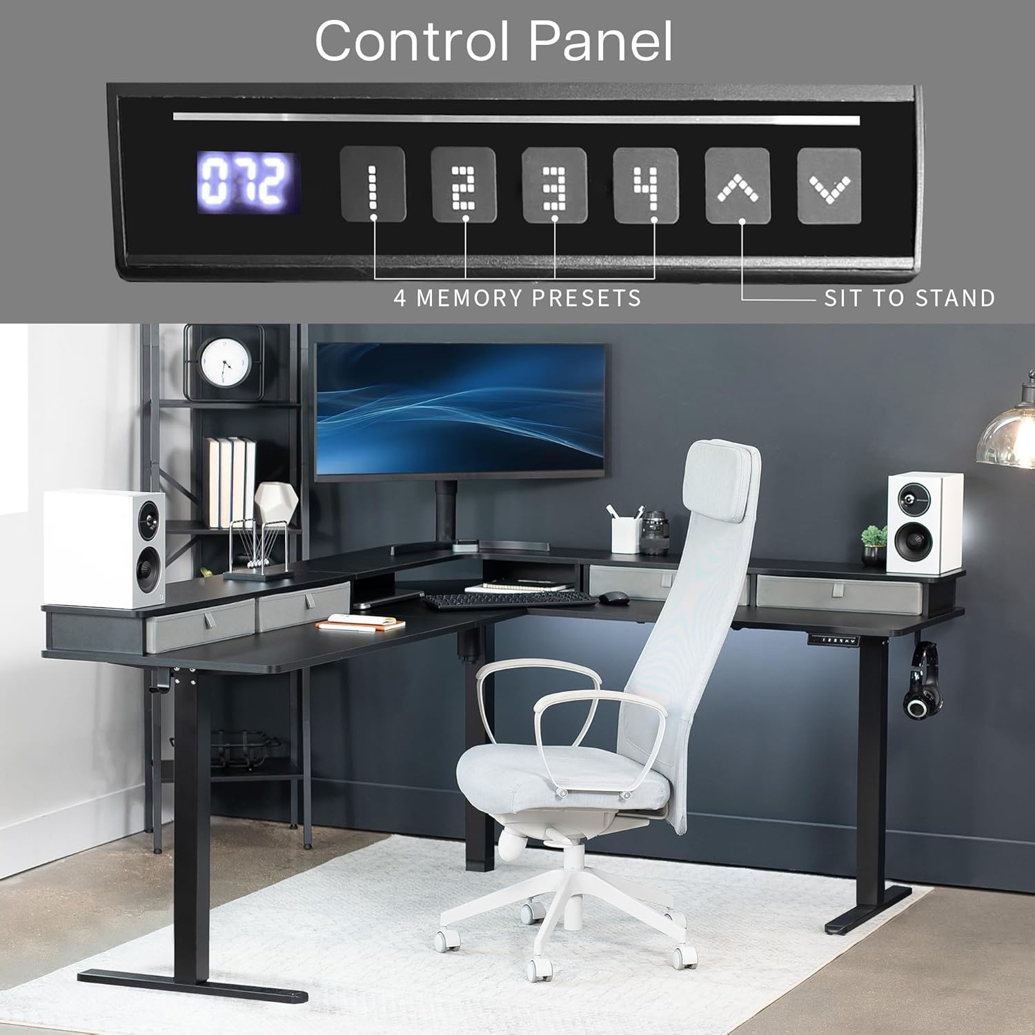image:imageVIVO Corner Standing Desk 63 x 47 inch Reversible LShaped Workstation Electric Height Adjustment Home Office and Reception Rooms Black Table Top Black Frame DESKE3CTB47Black Top Black Frame