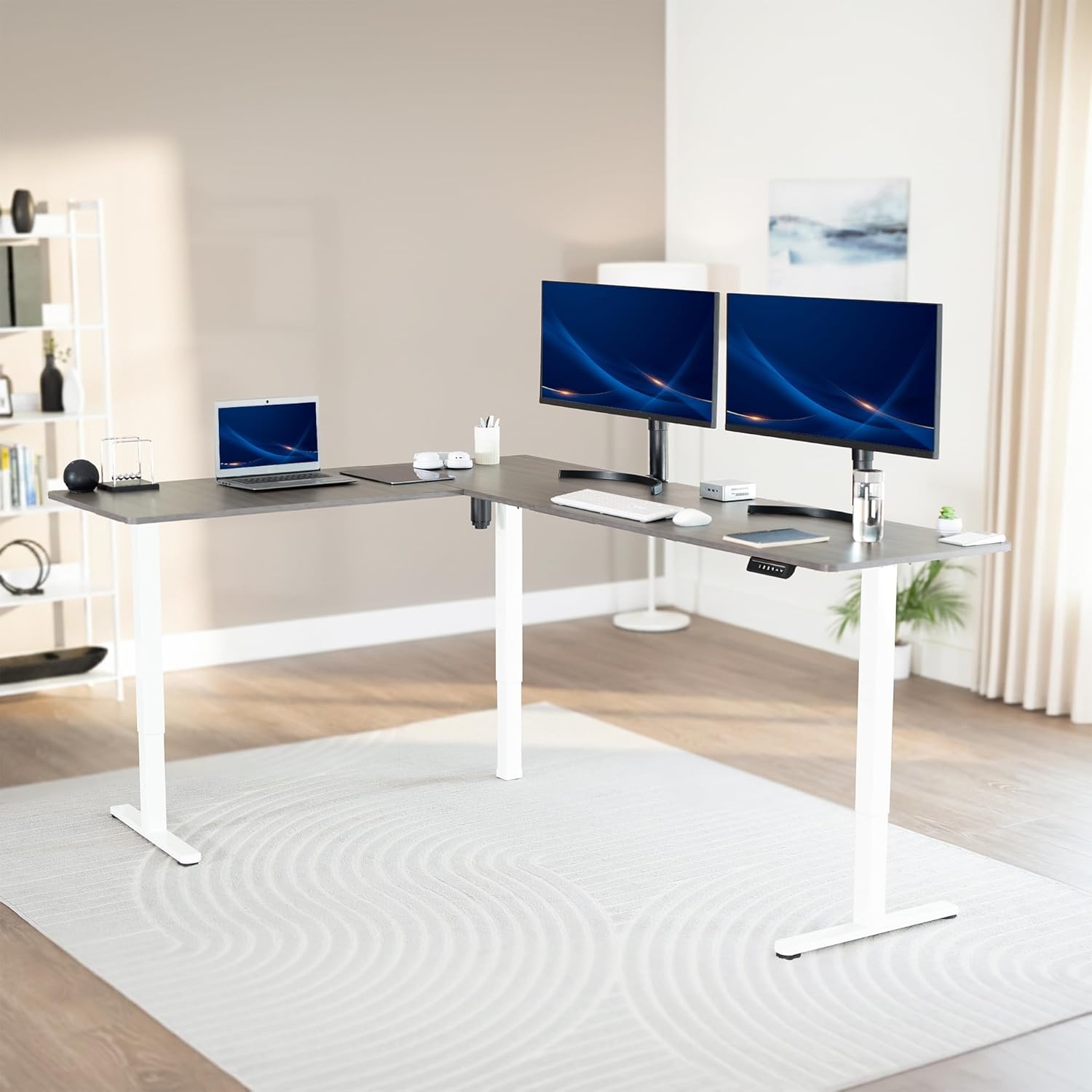 image:imageVIVO Corner Standing Desk 63 x 47 inch Reversible LShaped Workstation Electric Height Adjustment Home Office and Reception Rooms Black Table Top Black Frame DESKE3CTB47Dark Gray Top White Frame