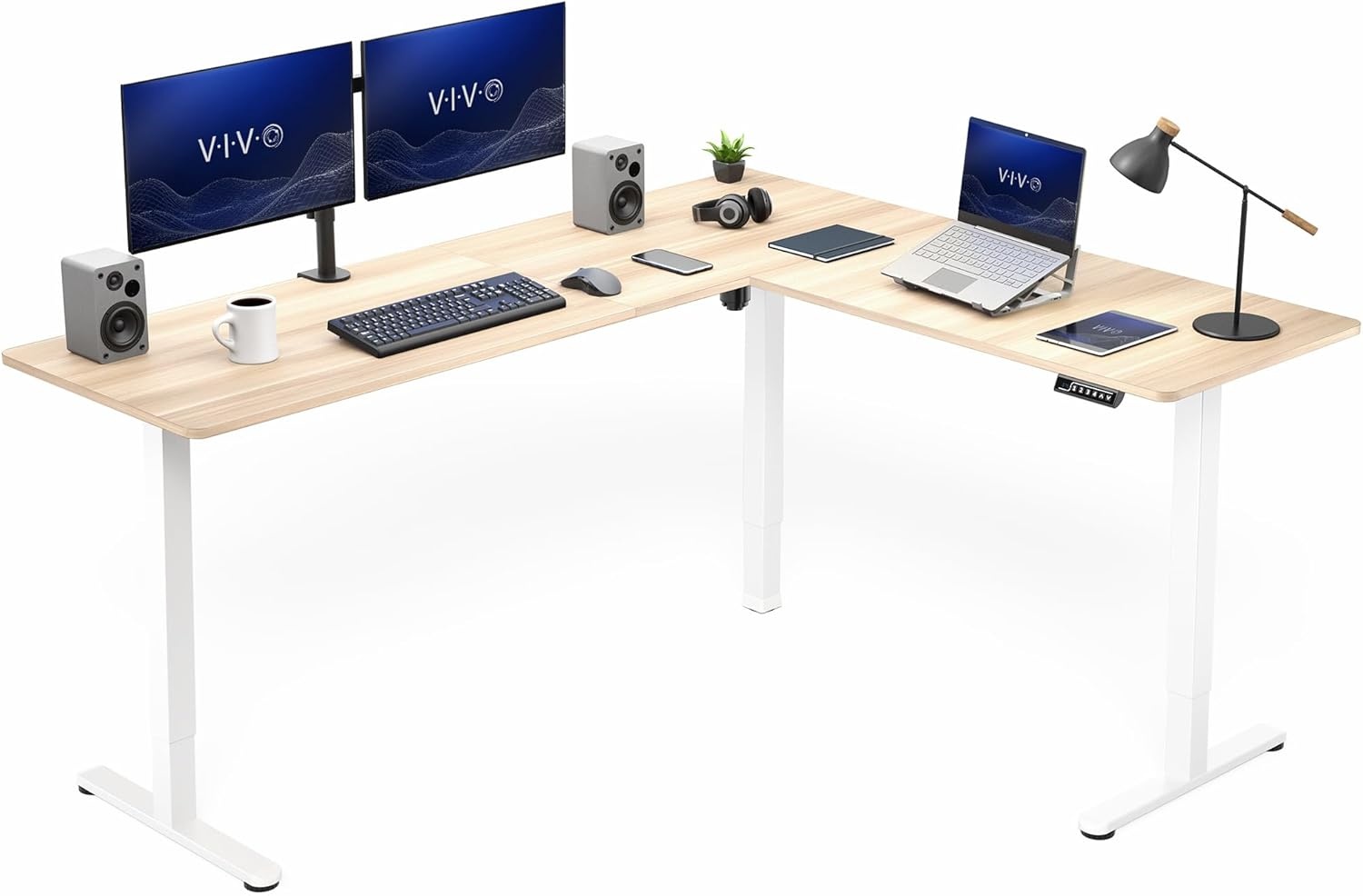 image:imageVIVO Corner Standing Desk 63 x 47 inch Reversible LShaped Workstation Electric Height Adjustment Home Office and Reception Rooms Black Table Top Black Frame DESKE3CTB47Light Wood Top White Frame