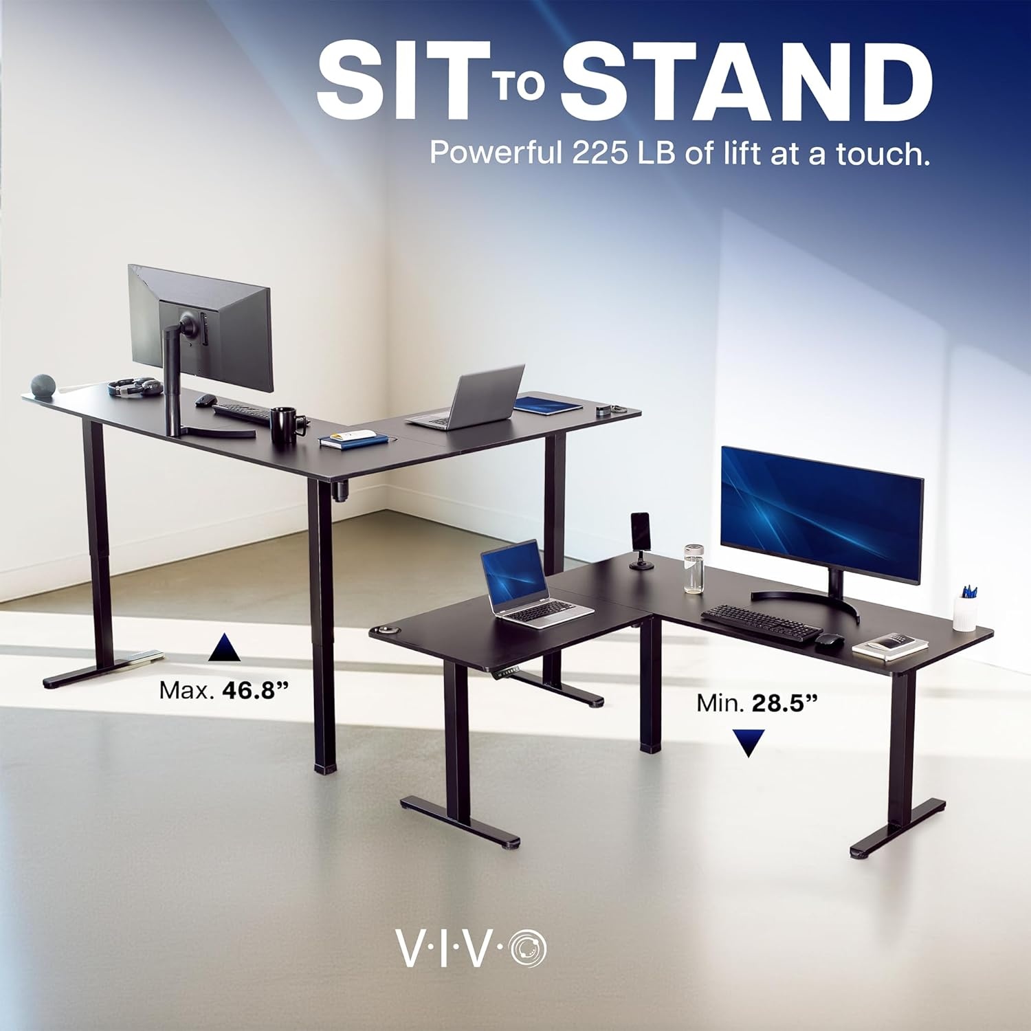 image:imageVIVO Corner Standing Desk 63 x 47 inch Reversible LShaped Workstation Electric Height Adjustment Home Office and Reception Rooms Black Table Top Black Frame DESKE3CTB47Gray Top Black Frame