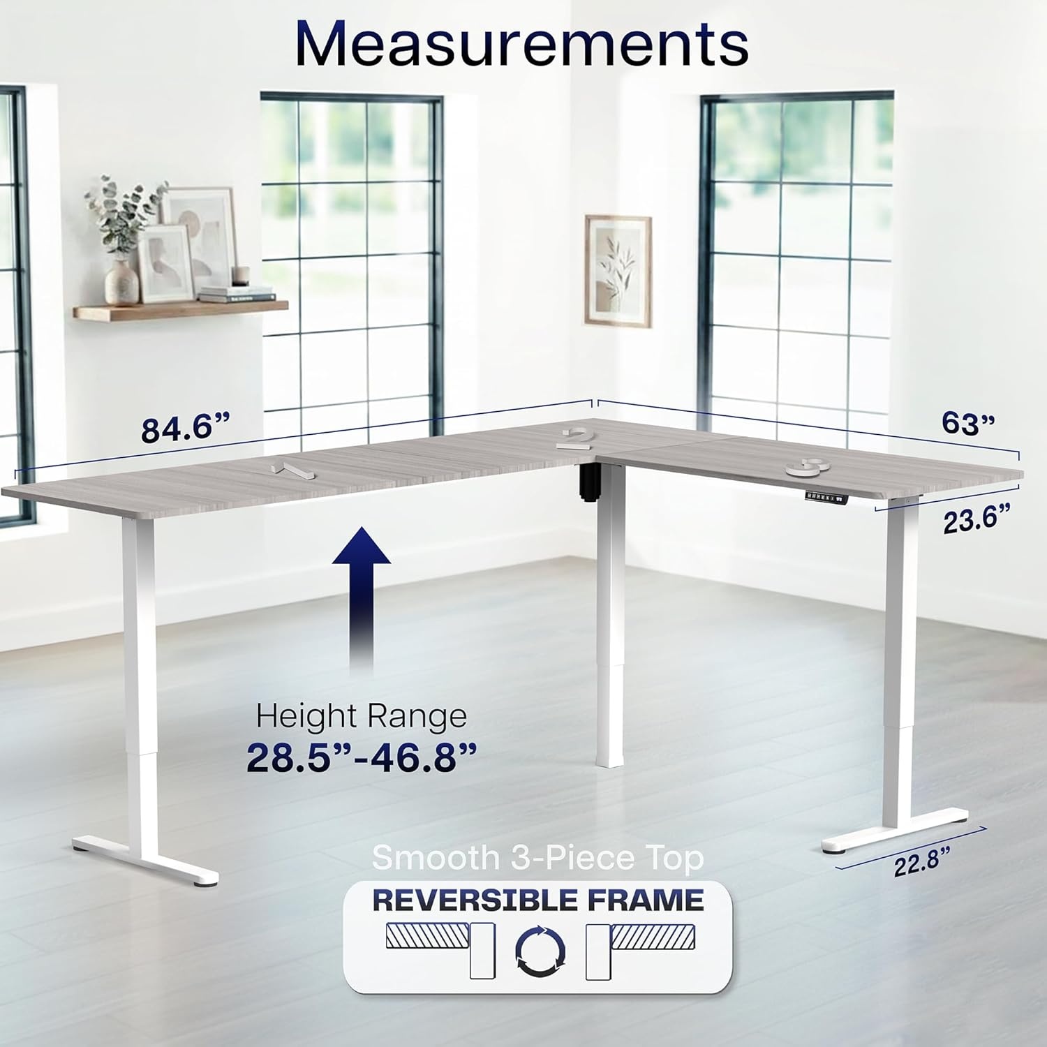 image:imageVIVO Corner Standing Desk 63 x 47 inch Reversible LShaped Workstation Electric Height Adjustment Home Office and Reception Rooms Black Table Top Black Frame DESKE3CTB47Dark Gray Top White Frame
