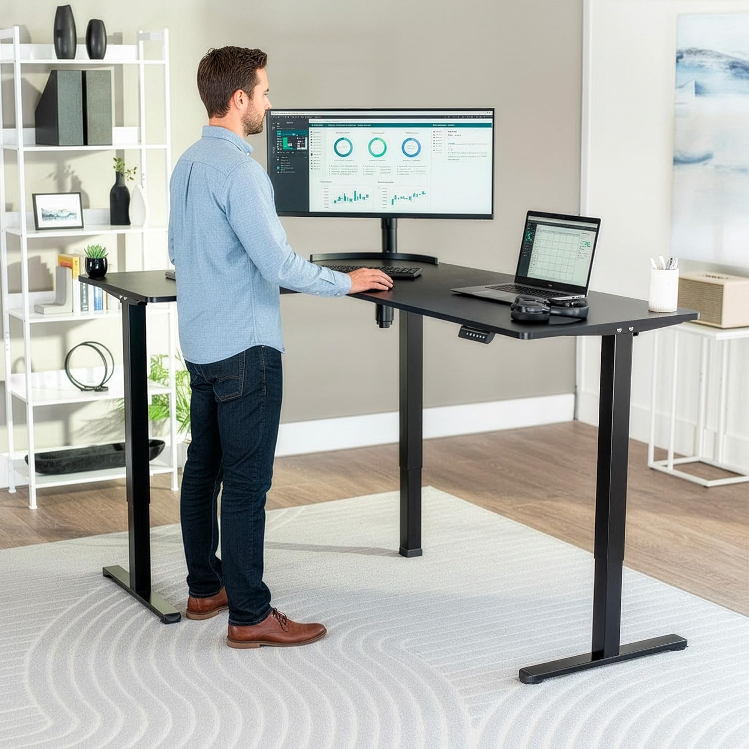 image:imageVIVO Corner Standing Desk 63 x 47 inch Reversible LShaped Workstation Electric Height Adjustment Home Office and Reception Rooms Black Table Top Black Frame DESKE3CTB47Black Top Black Frame