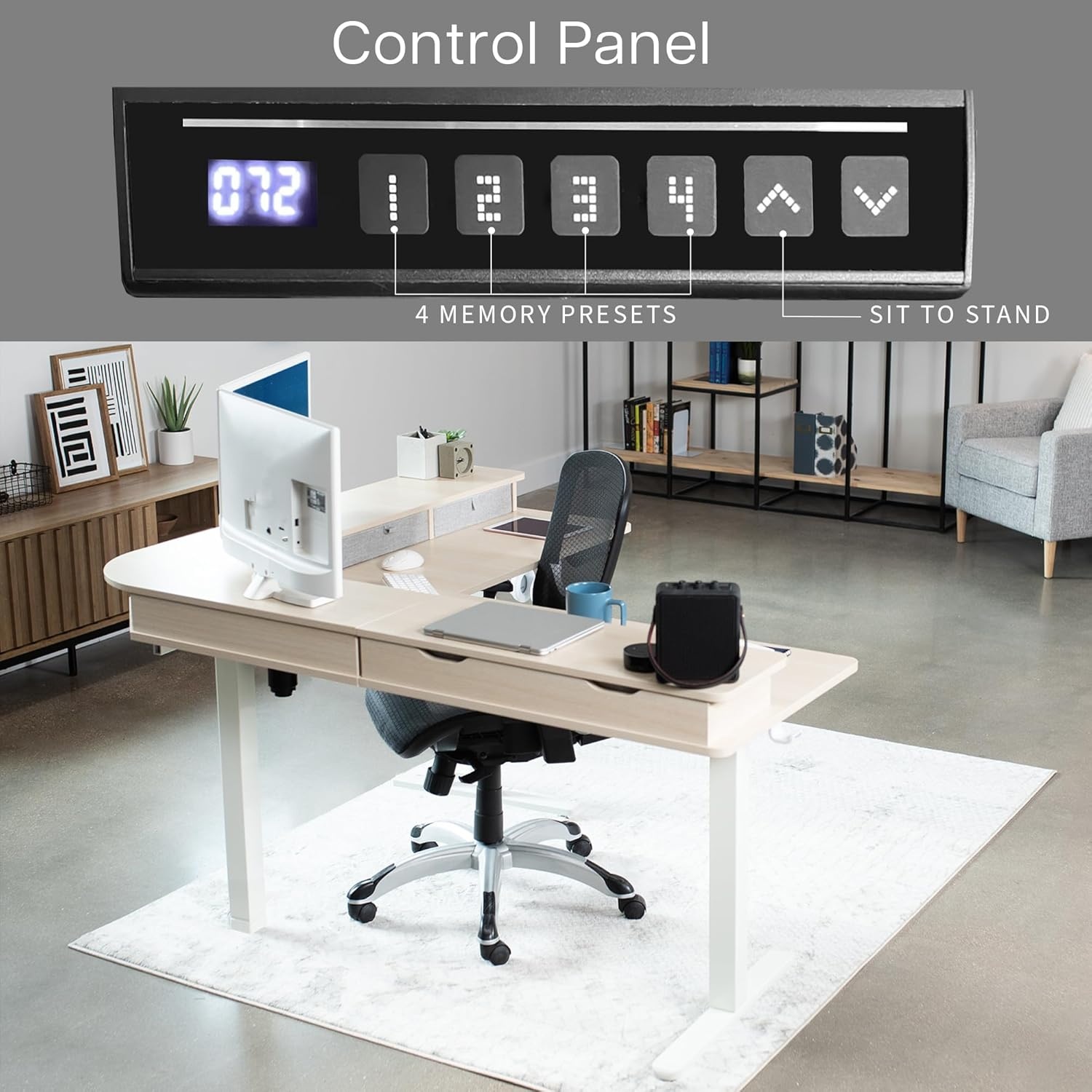 image:imageVIVO Corner Standing Desk 63 x 47 inch Reversible LShaped Workstation Electric Height Adjustment Home Office and Reception Rooms Black Table Top Black Frame DESKE3CTB47Light Wood Top White Frame