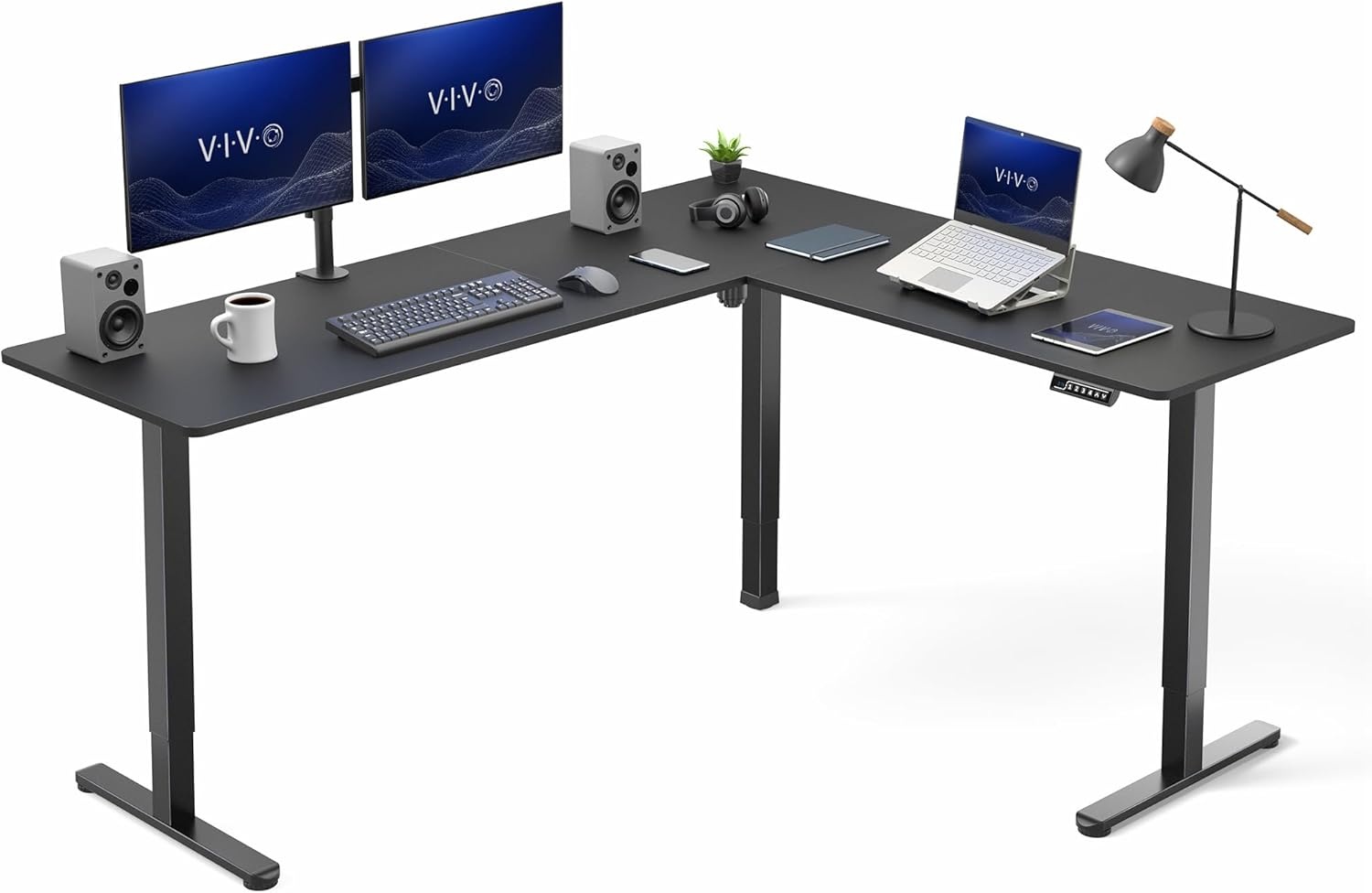 image:imageVIVO Corner Standing Desk 63 x 47 inch Reversible LShaped Workstation Electric Height Adjustment Home Office and Reception Rooms Black Table Top Black Frame DESKE3CTB47Black Top Black Frame