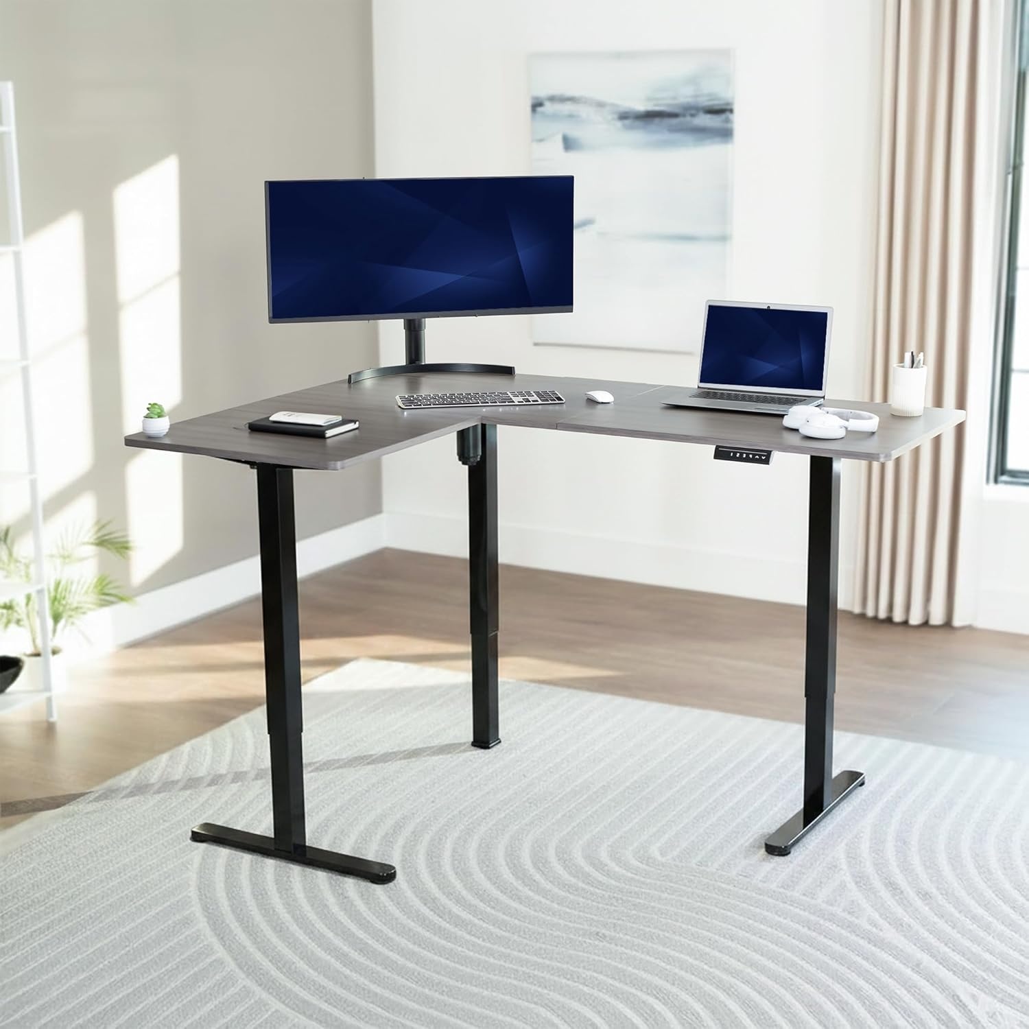 image:imageVIVO Corner Standing Desk 63 x 47 inch Reversible LShaped Workstation Electric Height Adjustment Home Office and Reception Rooms Black Table Top Black Frame DESKE3CTB47Gray Top Black Frame