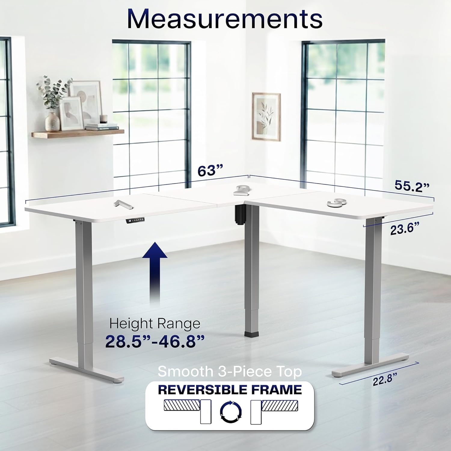 image:imageVIVO Corner Standing Desk 63 x 47 inch Reversible LShaped Workstation Electric Height Adjustment Home Office and Reception Rooms Black Table Top Black Frame DESKE3CTB47White Top Gray Frame