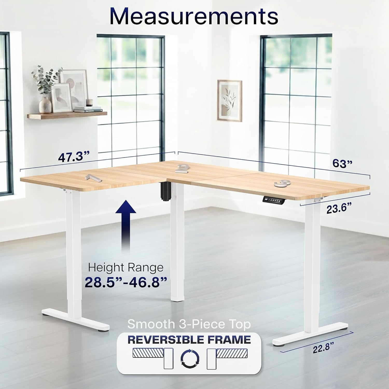 image:imageVIVO Corner Standing Desk 63 x 47 inch Reversible LShaped Workstation Electric Height Adjustment Home Office and Reception Rooms Black Table Top Black Frame DESKE3CTB47Light Wood Top White Frame