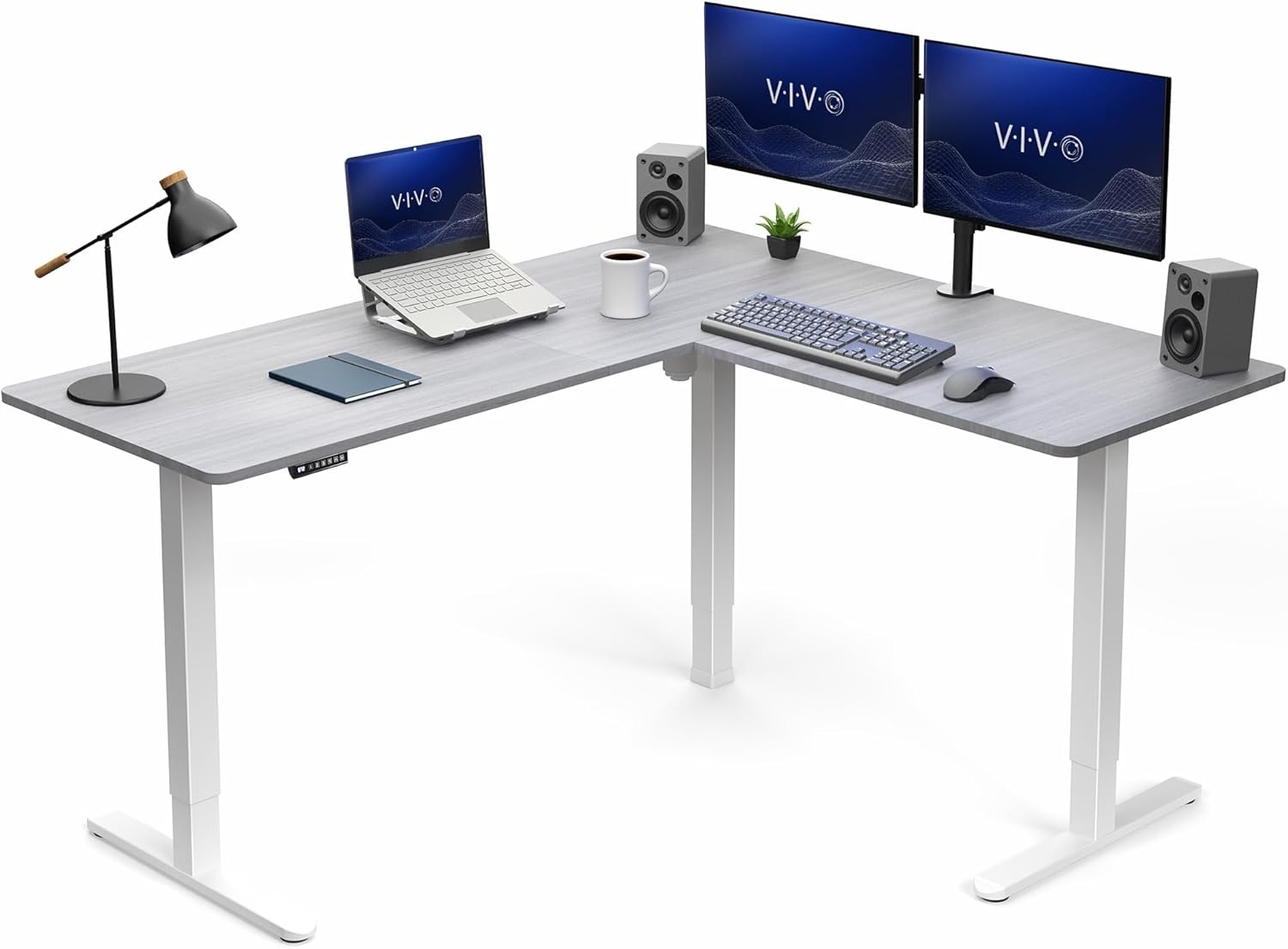 image:imageVIVO Corner Standing Desk 63 x 47 inch Reversible LShaped Workstation Electric Height Adjustment Home Office and Reception Rooms Black Table Top Black Frame DESKE3CTB47Dark Gray Top White Frame