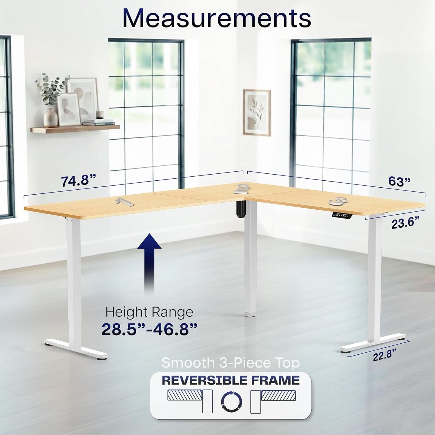 image:imageVIVO Corner Standing Desk 63 x 47 inch Reversible LShaped Workstation Electric Height Adjustment Home Office and Reception Rooms Black Table Top Black Frame DESKE3CTB47Bamboo Top White Frame