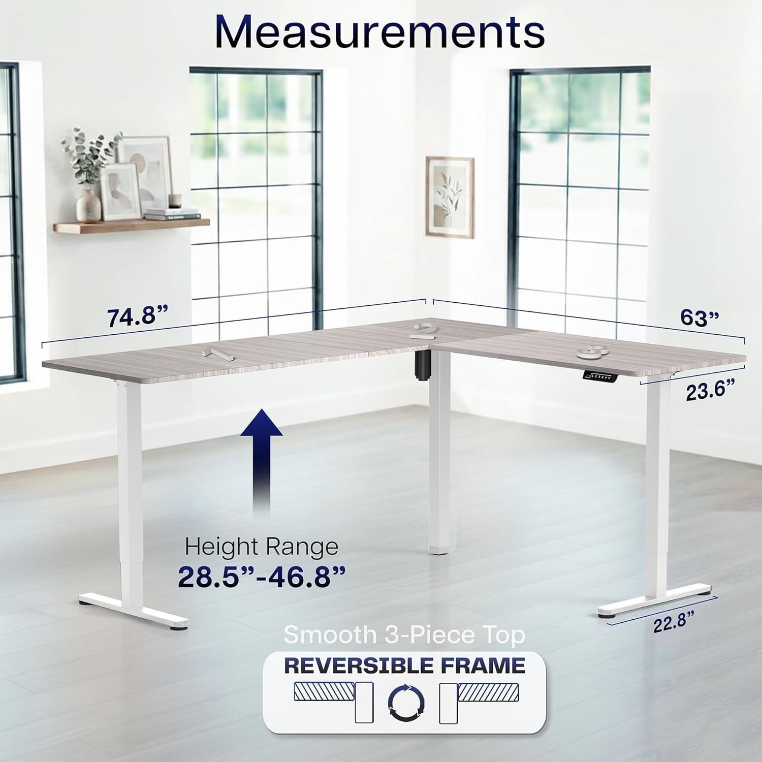 image:imageVIVO Corner Standing Desk 63 x 47 inch Reversible LShaped Workstation Electric Height Adjustment Home Office and Reception Rooms Black Table Top Black Frame DESKE3CTB47Dark Gray Top White Frame