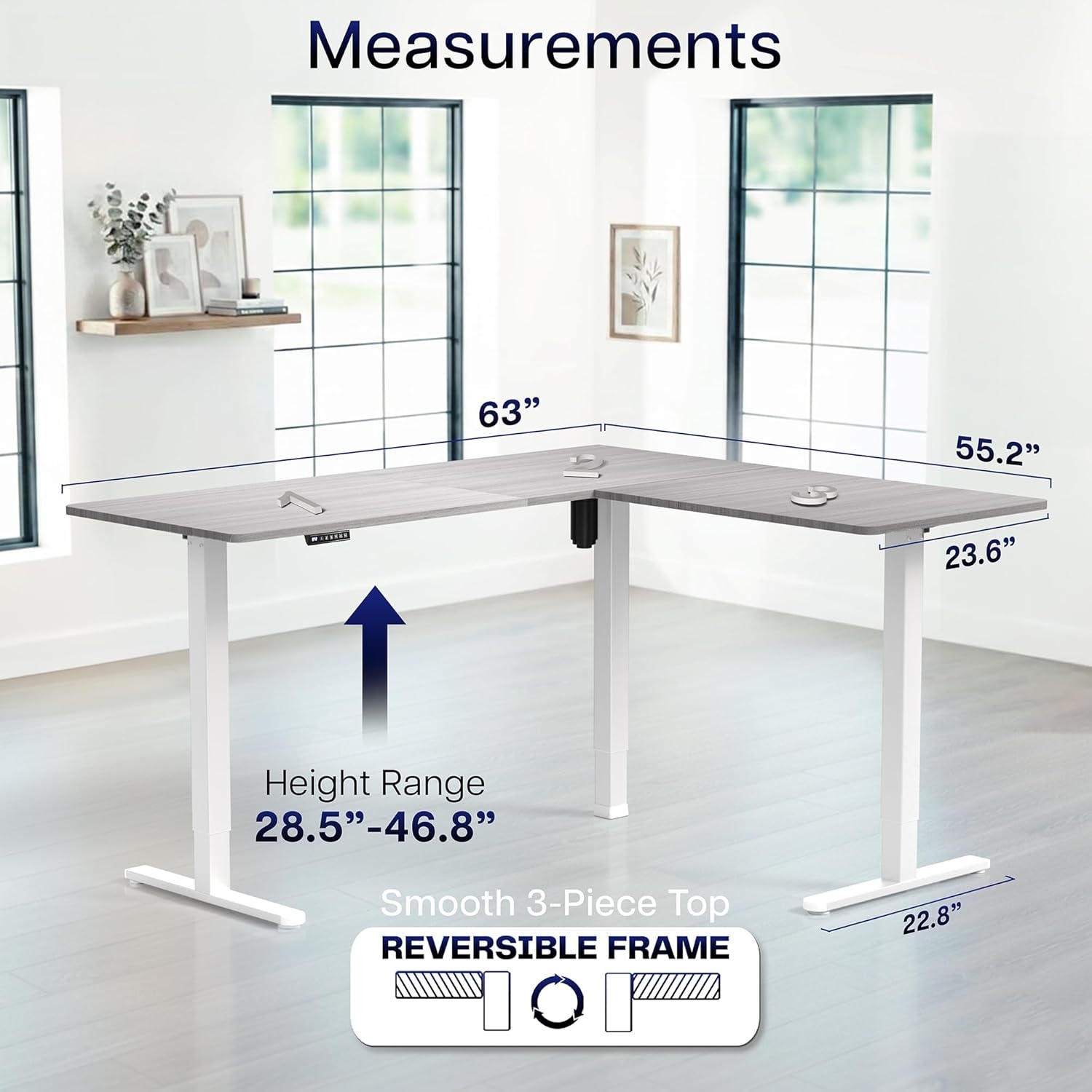 image:imageVIVO Corner Standing Desk 63 x 47 inch Reversible LShaped Workstation Electric Height Adjustment Home Office and Reception Rooms Black Table Top Black Frame DESKE3CTB47Dark Gray Top White Frame