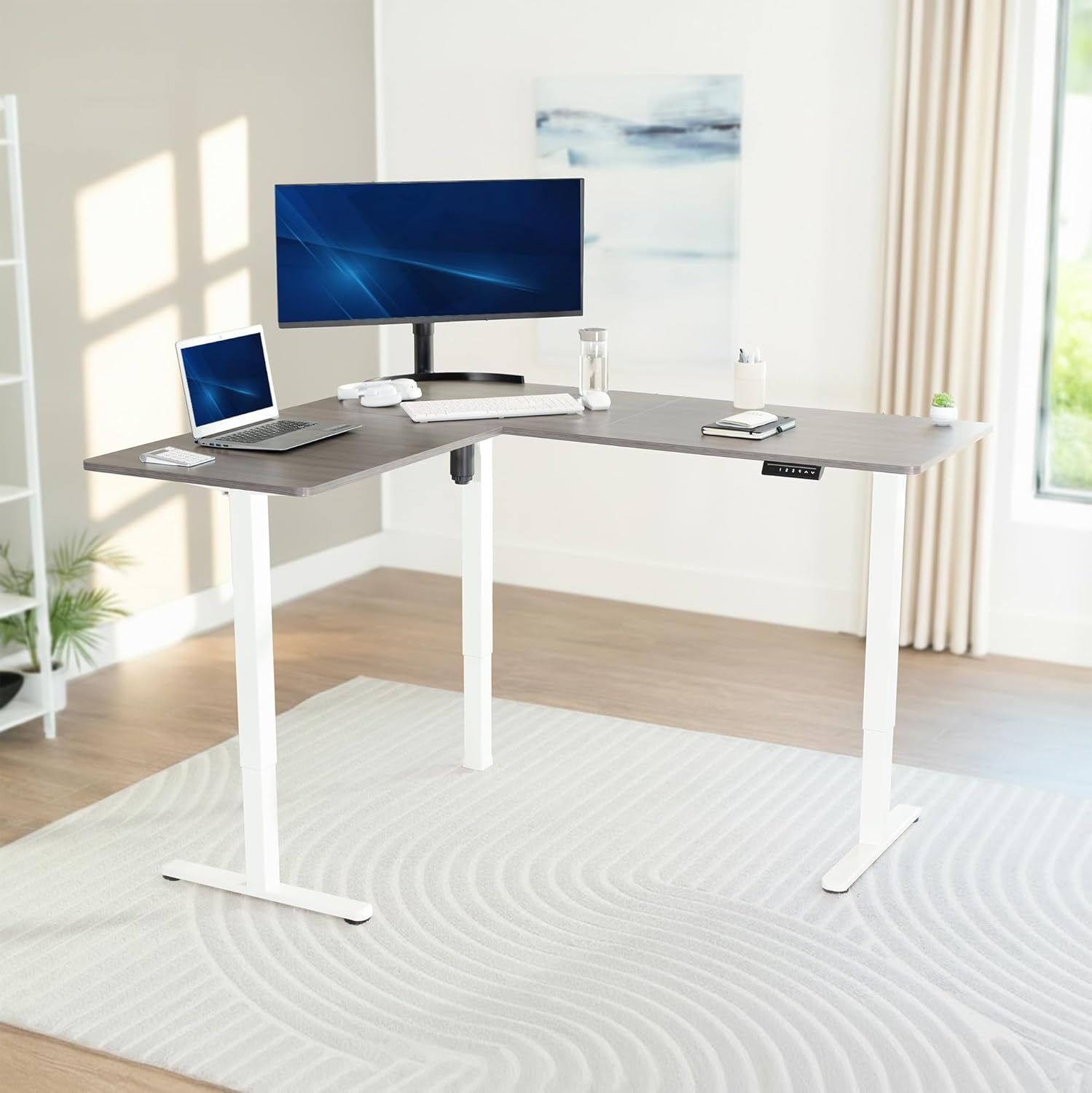 image:imageVIVO Corner Standing Desk 63 x 47 inch Reversible LShaped Workstation Electric Height Adjustment Home Office and Reception Rooms Black Table Top Black Frame DESKE3CTB47Dark Gray Top White Frame
