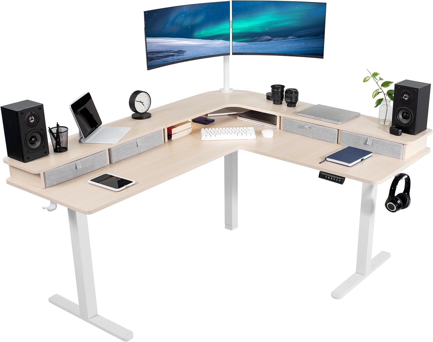 image:imageVIVO Corner Standing Desk 63 x 47 inch Reversible LShaped Workstation Electric Height Adjustment Home Office and Reception Rooms Black Table Top Black Frame DESKE3CTB47Light Wood Top White Frame