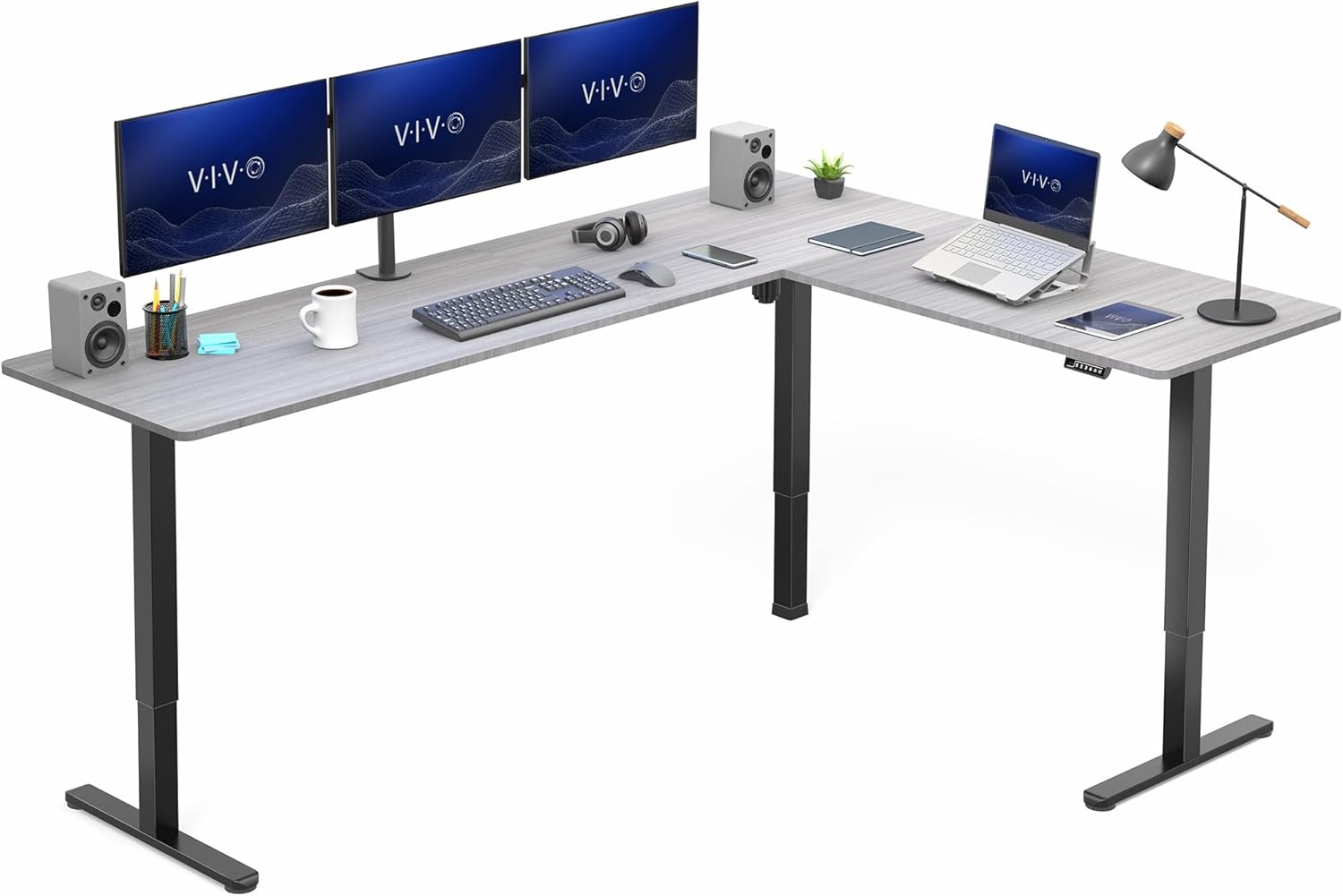 image:imageVIVO Corner Standing Desk 63 x 47 inch Reversible LShaped Workstation Electric Height Adjustment Home Office and Reception Rooms Black Table Top Black Frame DESKE3CTB47Dark Gray Top Black Frame