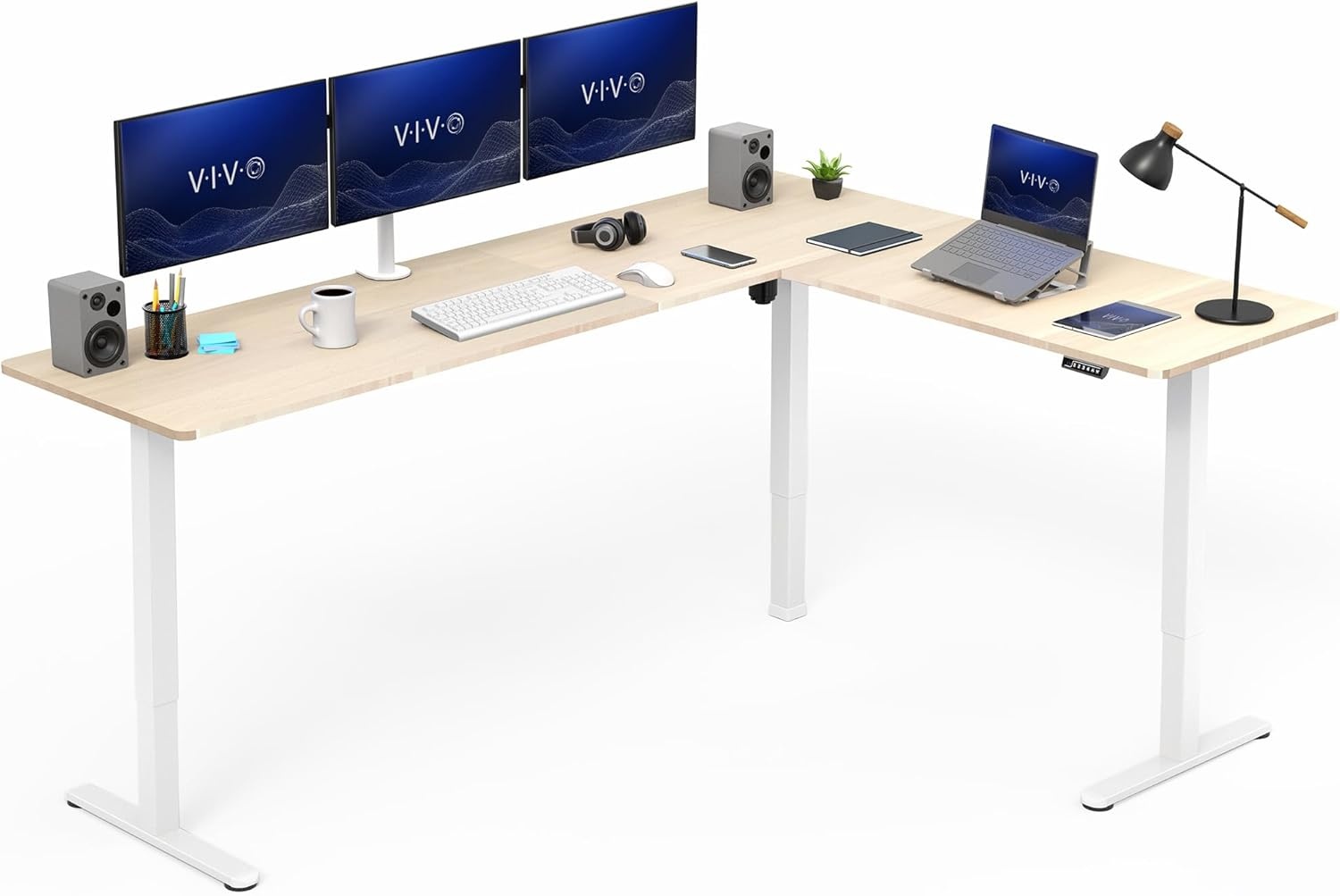 image:imageVIVO Corner Standing Desk 63 x 47 inch Reversible LShaped Workstation Electric Height Adjustment Home Office and Reception Rooms Black Table Top Black Frame DESKE3CTB47Light Wood Top White Frame