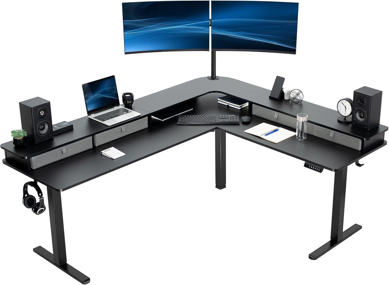 image:imageVIVO Corner Standing Desk 63 x 47 inch Reversible LShaped Workstation Electric Height Adjustment Home Office and Reception Rooms Black Table Top Black Frame DESKE3CTB47Black Top Black Frame